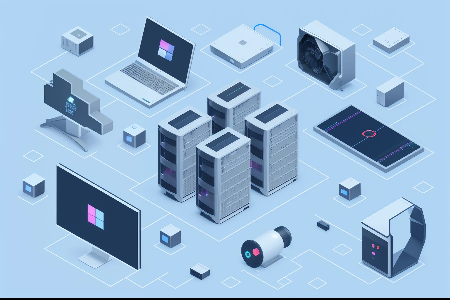 there are many different types of computers and devices that are connected together, in detailed data center, extreamly detailed data center, take control of your data, prerendered isometric graphics, isometric illustration, background is data server room, isometric design, 3d isometric, 3 d isometric, cyber architecture, isometric style, in realistic data center