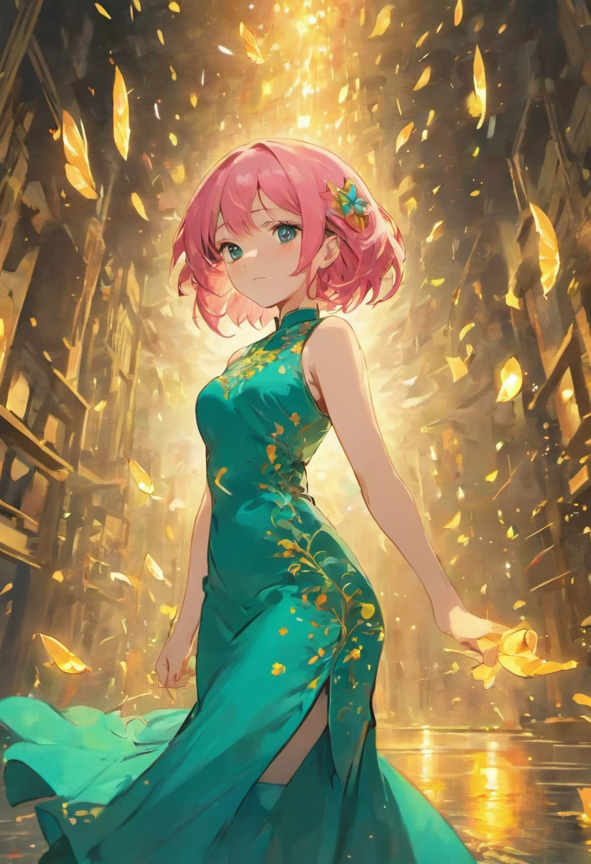 (Best quality,8K resolution,Masterpiece:1.2),A woman with pink hair in a turquoise cheongsam dress, voluptuous figure, surrounded by fireflies, Set against the lakeside at night, Sharp lines, Enhanced detail, Detailed facial features, Front view