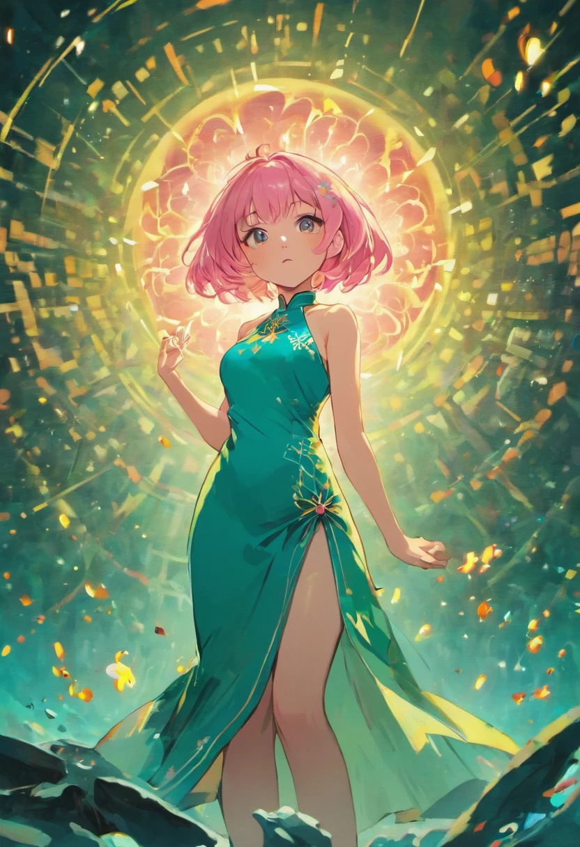 (Best quality,8K resolution,Masterpiece:1.2),A woman with pink hair in a turquoise cheongsam dress, voluptuous figure, surrounded by fireflies, Set against the lakeside at night, Sharp lines, Enhanced detail, Detailed facial features, Front view