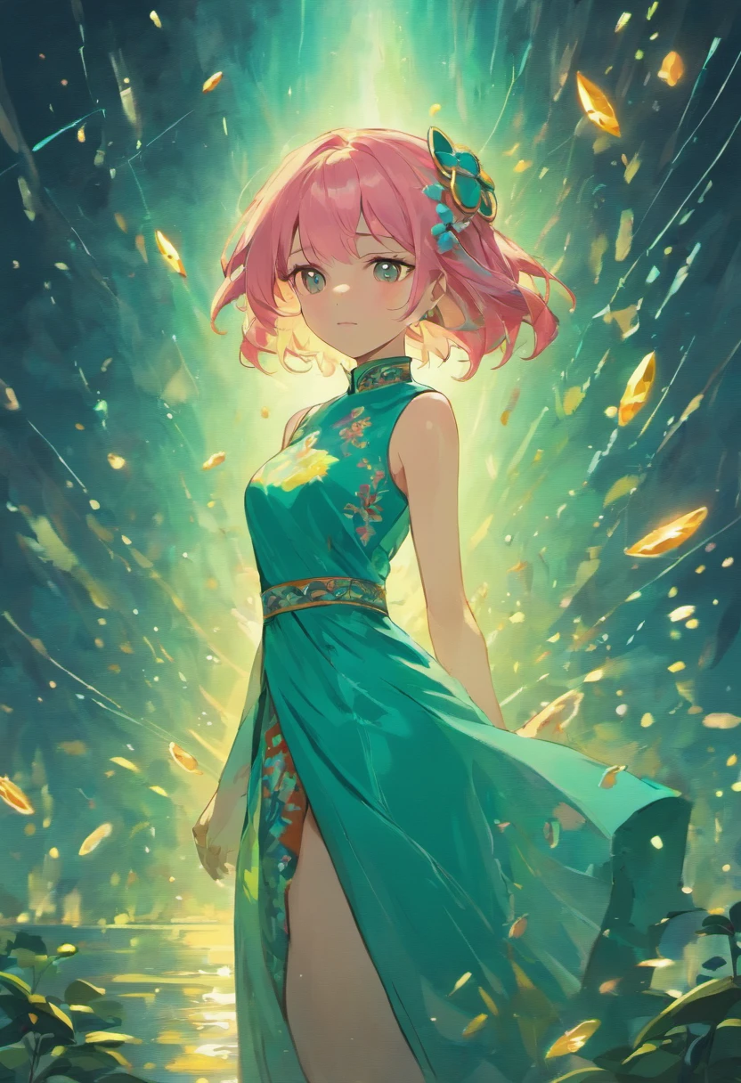 (Best quality,8K resolution,Masterpiece:1.2),A woman with pink hair in a turquoise cheongsam dress, voluptuous figure, surrounded by fireflies, Set against the lakeside at night, Sharp lines, Enhanced detail, Detailed facial features, Front view