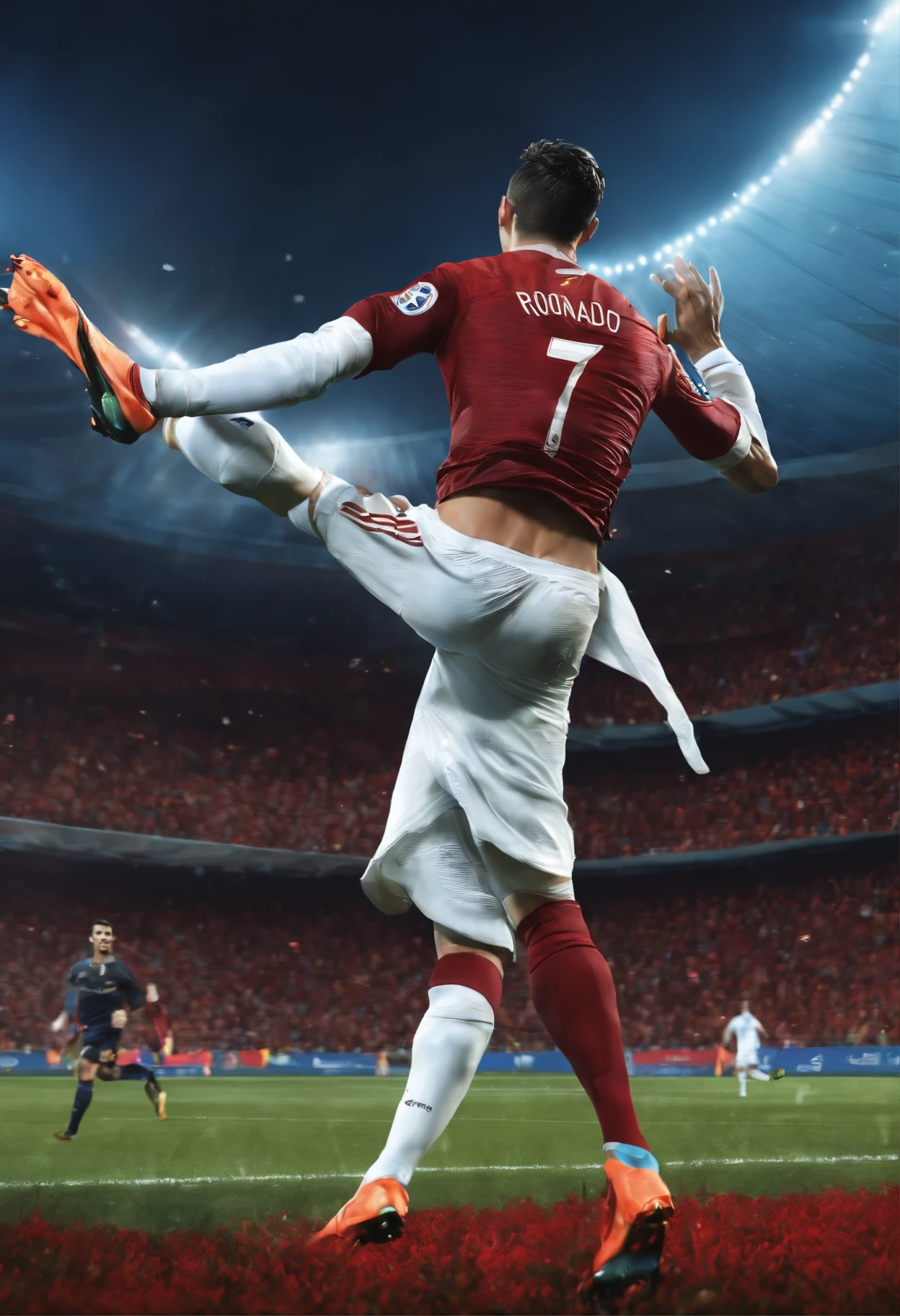 ronaldo, personagem anime, kicking the ball and celebrating with closed hands