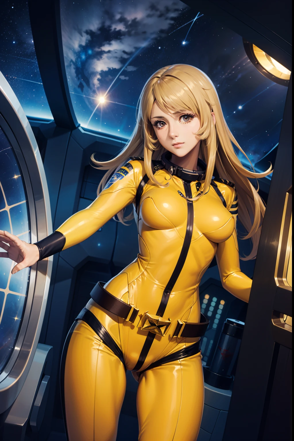 (masterpiece, best quality:1.2), (cowboy shot:1.1), solo, 1girl, mori yuki, slight smile, closed mouth, perfect face, looking at viewer, blonde hair, thigh gap, yellow bodysuit, skin tight, belt, large window, (starship porthole:1.3), from front, (spread legs:1.3), (standing:1.1), starship interior, (outer space view:1.1), (orbital view:1.3), (night, stary sky:1.5), milky way, long legs, action pose, dynamic camera angle, all yellow bodysuit, sexy pose,