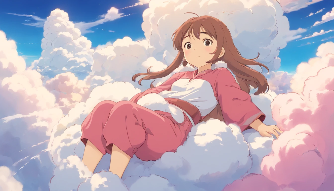 comic strip，Cute and cute 5 year old baby girl lying on beautiful fluffy clouds in the sky，anime big breast，On thick clouds such as marshmallows，Pink pajamas，Detail enhancement，8K，super-fine，concept-art，number art