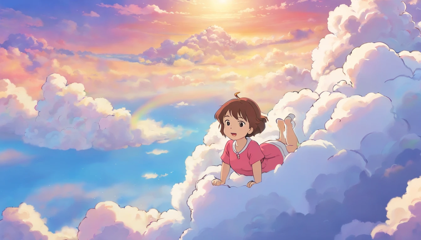 comic strip,Cute and cute 5 year old baby girl lying on beautiful fluffy clouds in the sky,anime big breast,On thick clouds such as marshmallows,Pink pajamas,Detail enhancement,8K,super-fine,concept-art,number art