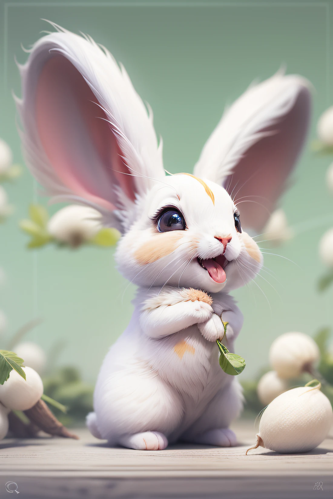 adorable rabbit,petty eyes,Long ears, white colors, adorable expression, Charming smile, Pet cartoons,Eat turnips,Super high detail, solid color backdrop, delicated,vellus hair, super high precision, Perfect lighting, OC renderer, 1K, Super clear, Super noise reduction --q 2 --s 450 --ar 3:4 --V 5.1