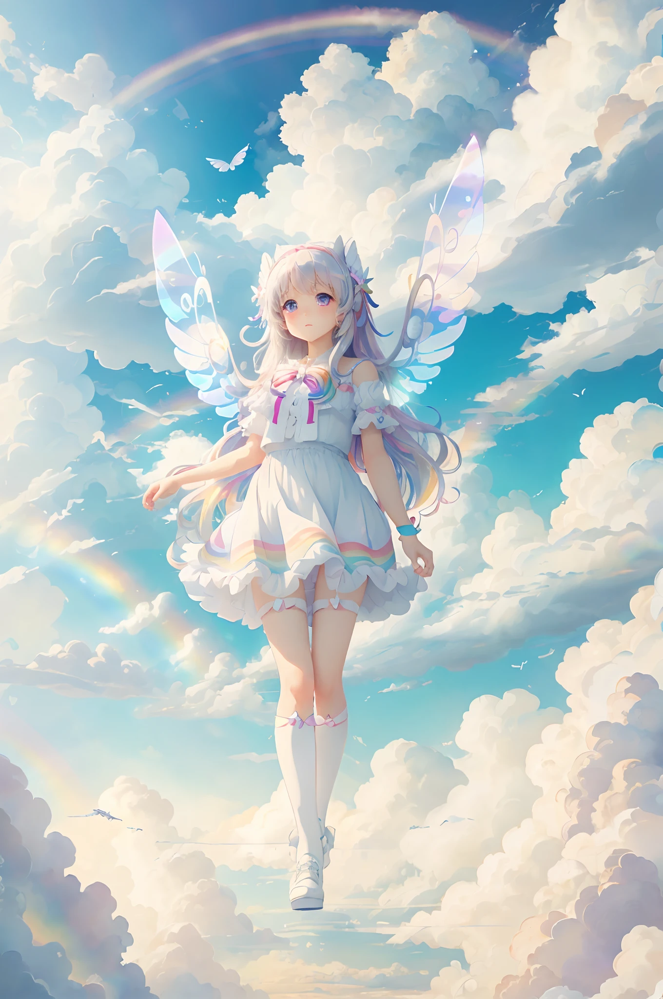 (best quality, 8K, highres,masterpiece:1.2),RAW photo, girl, transparent wings, full body, large eyes, beautiful fluffy clouds, white accessory, colorful ribbons, cloud background, rainbow-colored clouds, anime, on the clouds. --auto