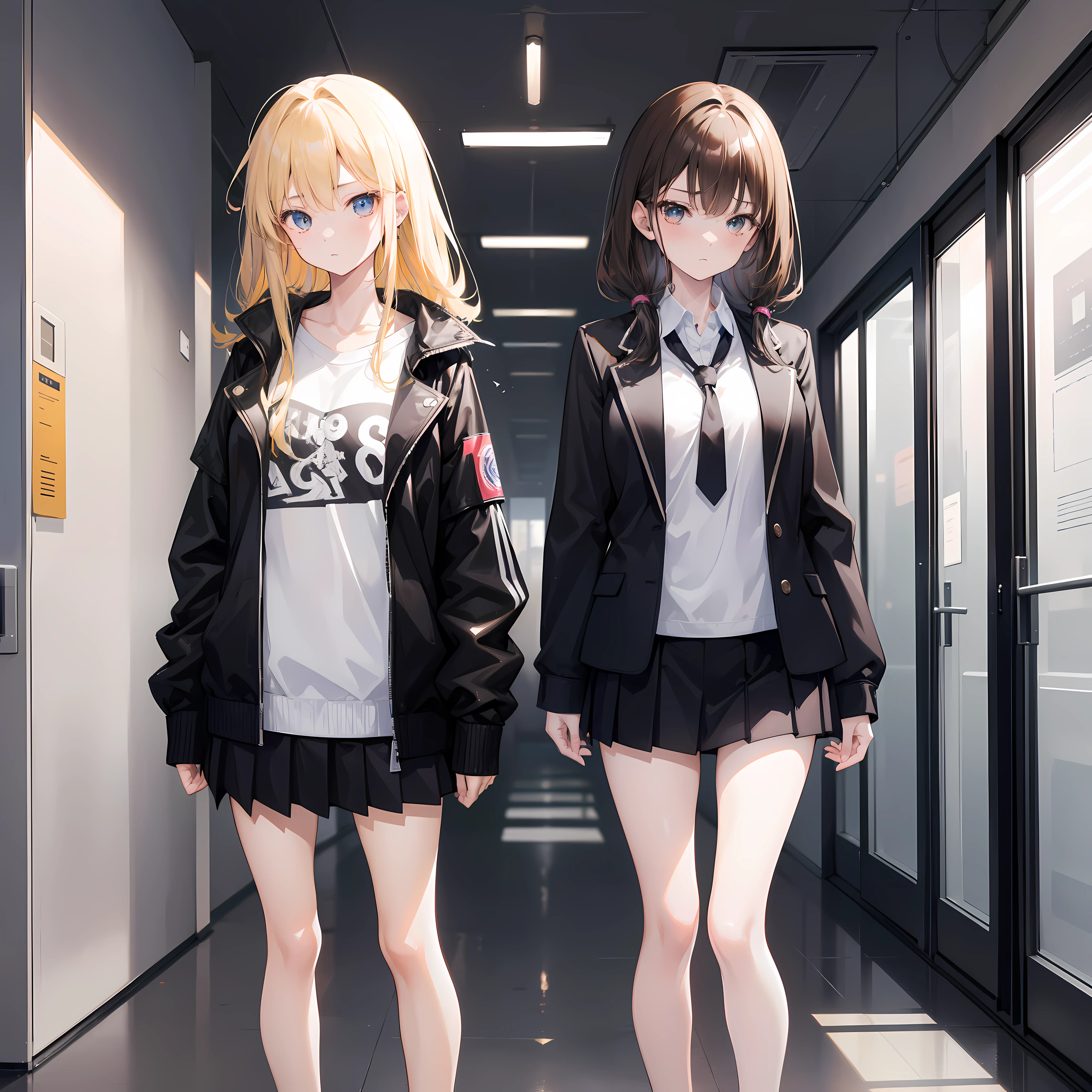 Create an image of two cute anime characters, Yori and Aina, standing in a college hallway. Yori is a beautiful black-haired girl with a lot of attitude. She is stylish and extroverted, and she is wearing a leather jacket, a white college shirt, a dark brown tie, and sneakers. She has a comfortable expression on her face. Aina is a beautiful blonde-haired girl who is shy and introverted. She is wearing a white college shirt, a dark brown college coat, a dark brown tie, and sneakers. She has an uncomfortable expression on her face. The two girls are standing with their faces in opposite directions.
