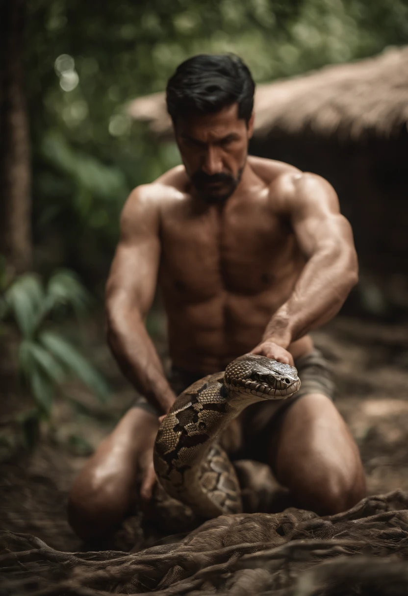 A man is fighting a python,The python wraps around the man's body,The man had a painful expression