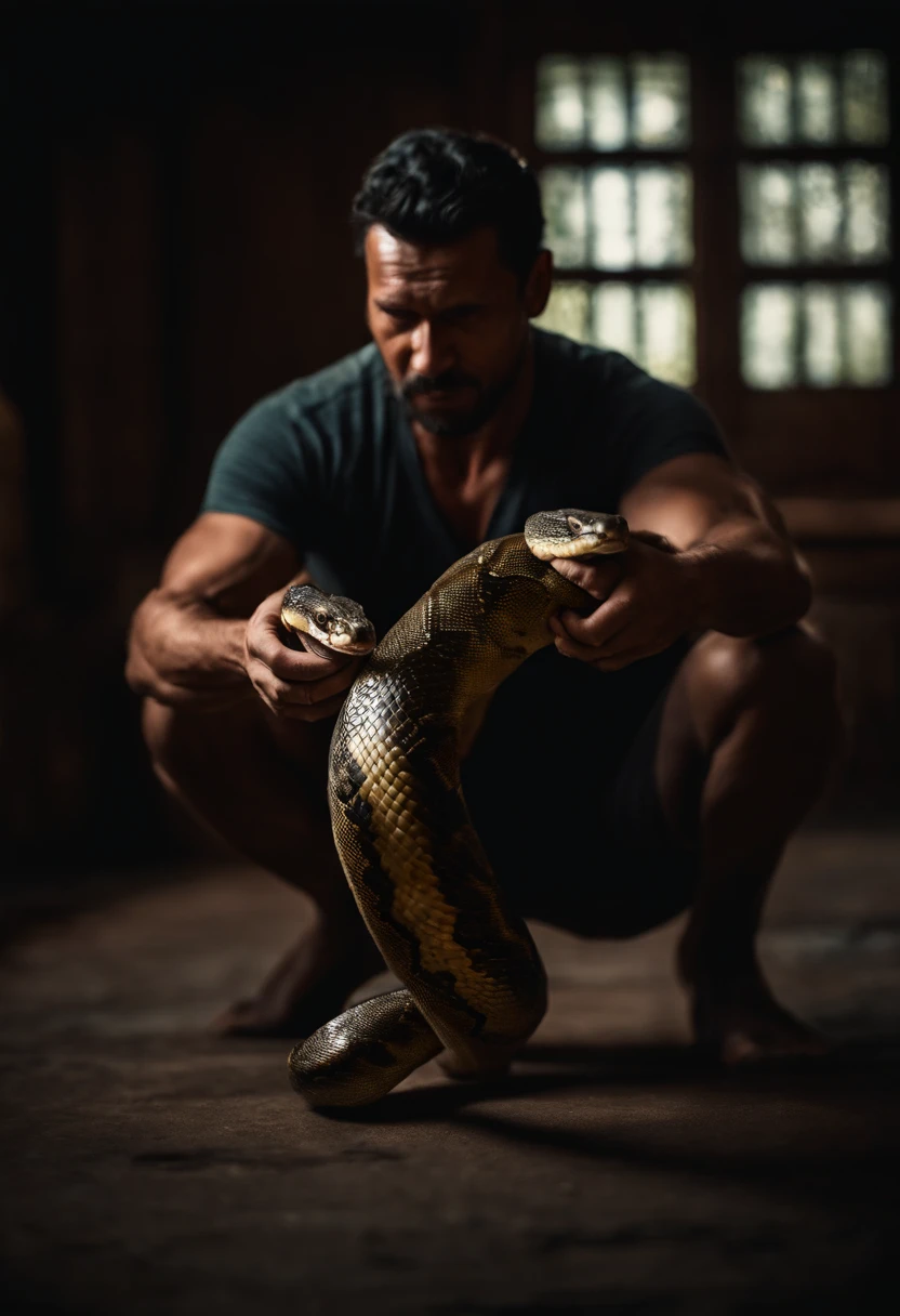 A man is fighting a python,The python wraps around the man's body,The man had a painful expression