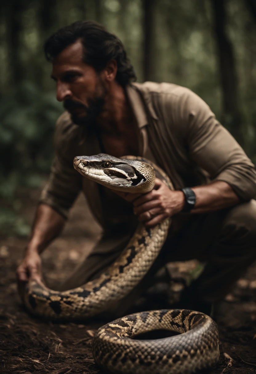 A man is fighting a python,The python wraps around the man's body,The man had a painful expression
