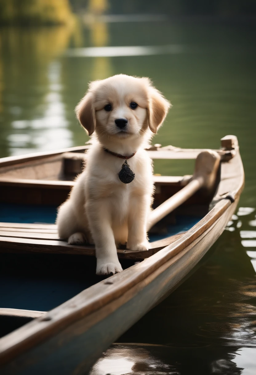 A puppy sits on a boat in the middle of the lake set off by the light Hanfu