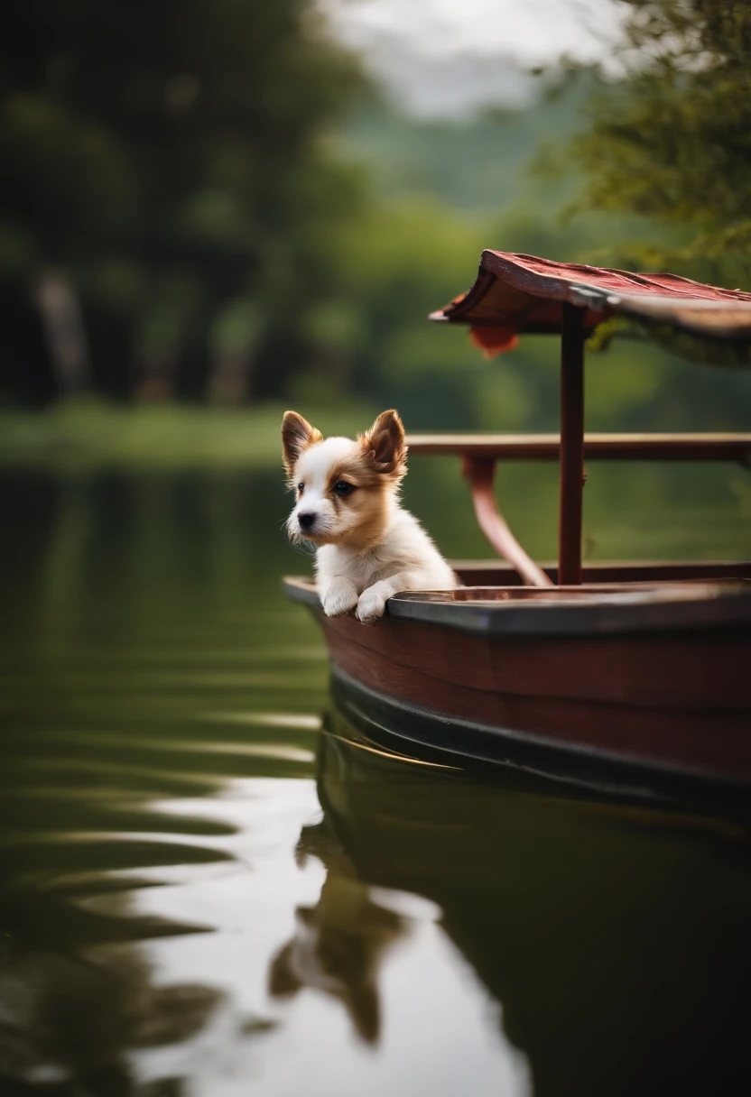 A puppy sits on a boat in the middle of the lake set off by the light Hanfu
