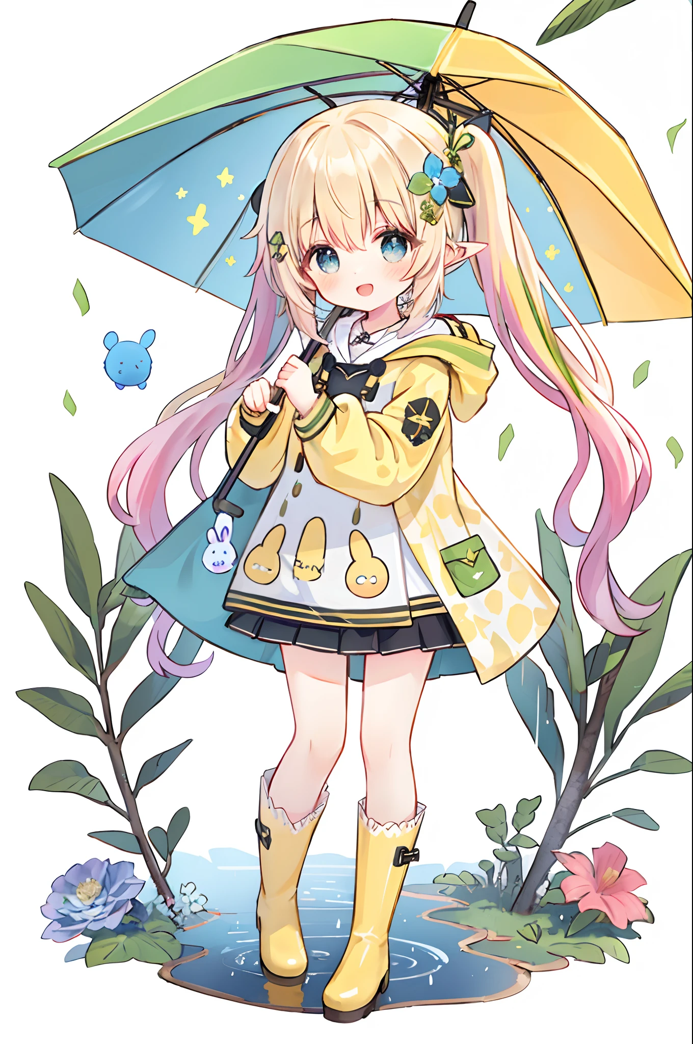 1girl,rainbow,raincoat,yellow raincoat,rubber boots,hydrangea,flower,long hair,twintails,boots,blush,umbrella,open mouth,hair ornament,white background,hood,solo,teruterubouzu,very long hair,hood up,long sleeves,low twintails,bow,bangs,smile,animal hood,blue eyes,rabbit,closed umbrella,puddle,full body,:d,snail,yellow footwear,simple background,pink flower,standing,leaf umbrella,holding umbrella,food-themed hair ornament,hair bow,animal ears,holding,blonde hair,hair flower,rain,animal,