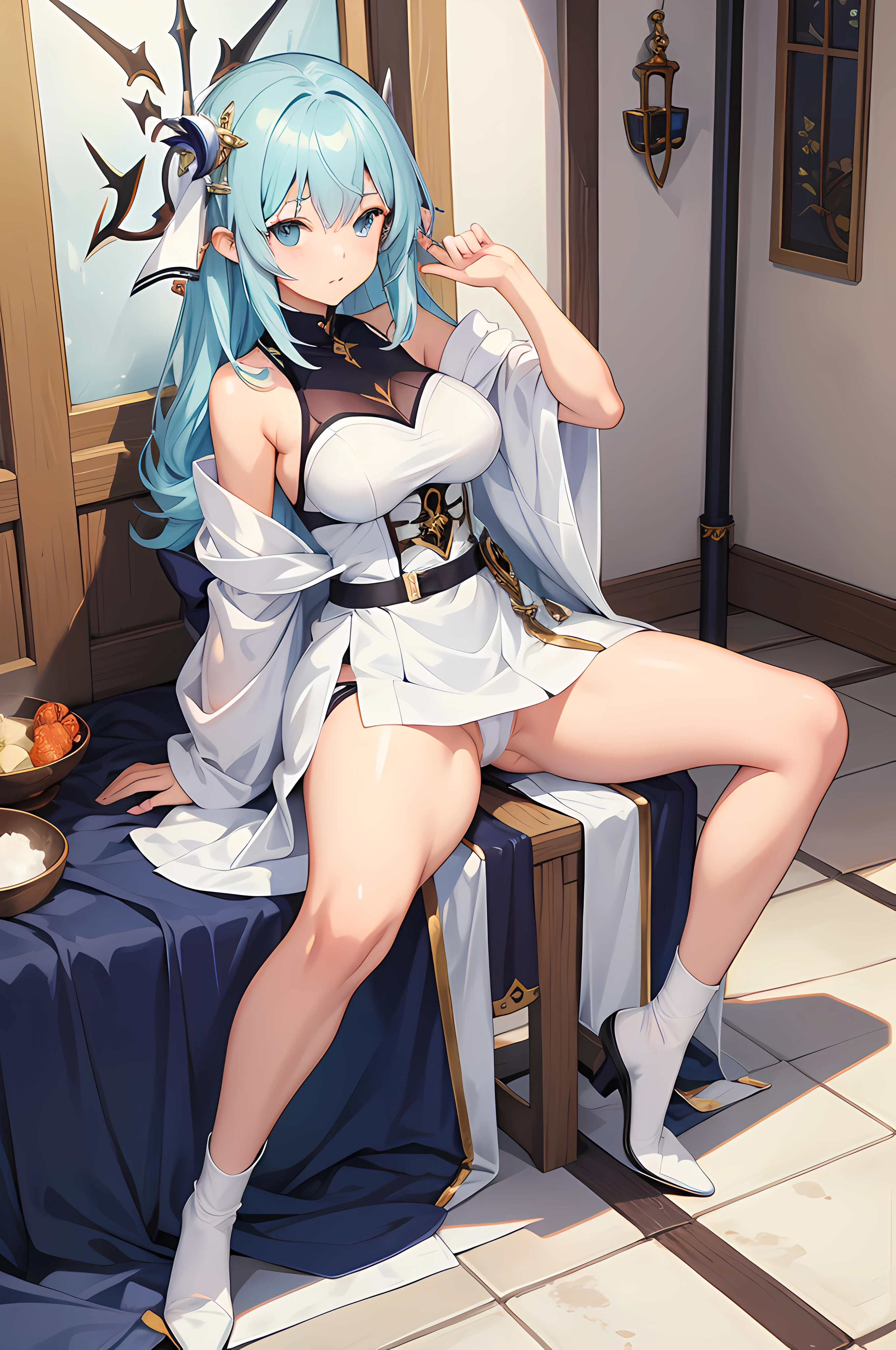 Anime style. Girl. A world of swords and sorcery. White underwear. Miniskirt. Milking. Sitting and taking her panties off.