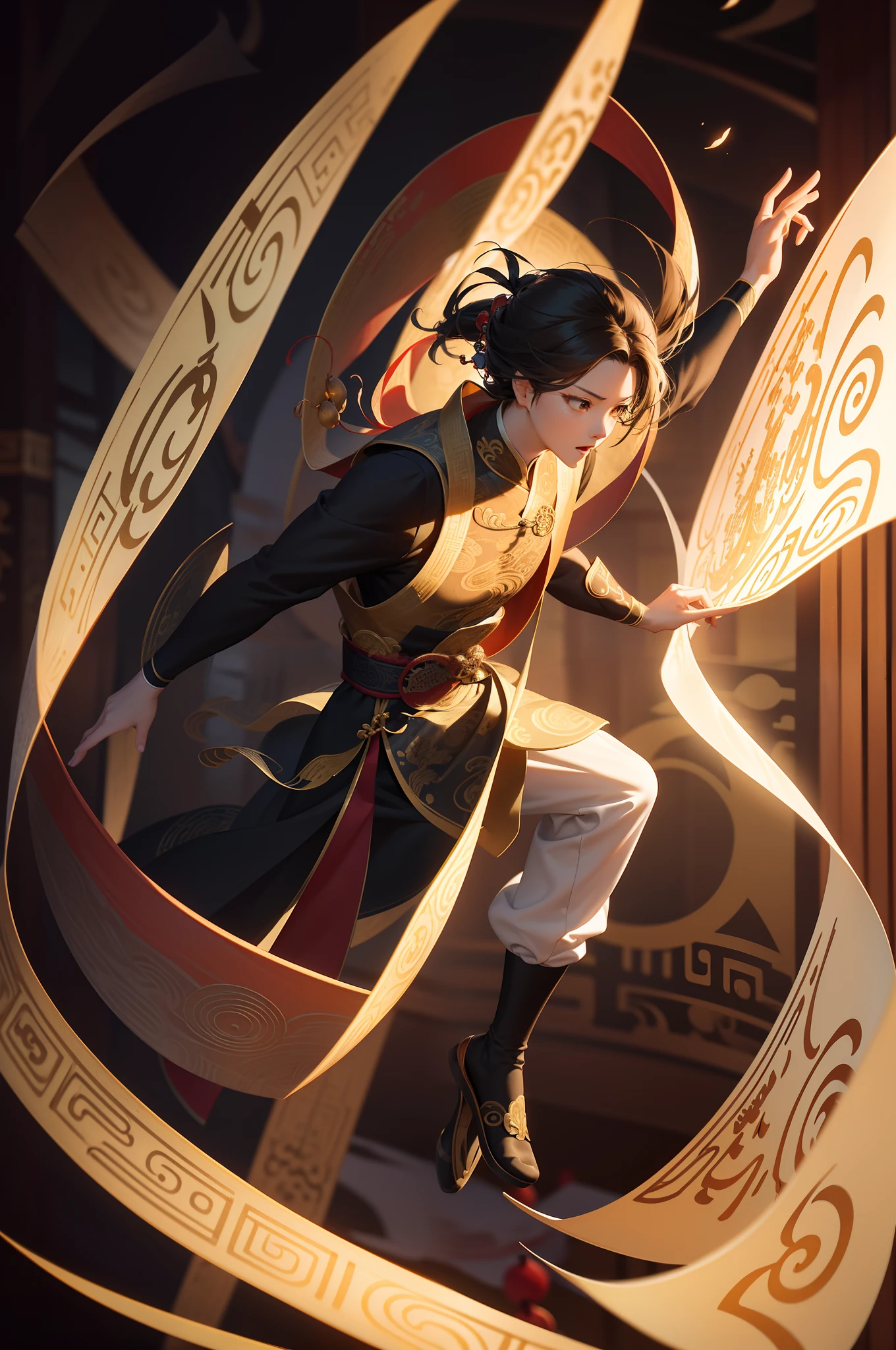 Chinese standing in the air, writing calligraphy, flowing glazed scrolls, floating glass Chinese characters, dynamic action style, swirl background is a study room
Chinese epic style, traditional animation
top light, deep black tone, clear subject, ultra realistic
Ultra detailed, rendering, high detail, ultra high quality, 8k