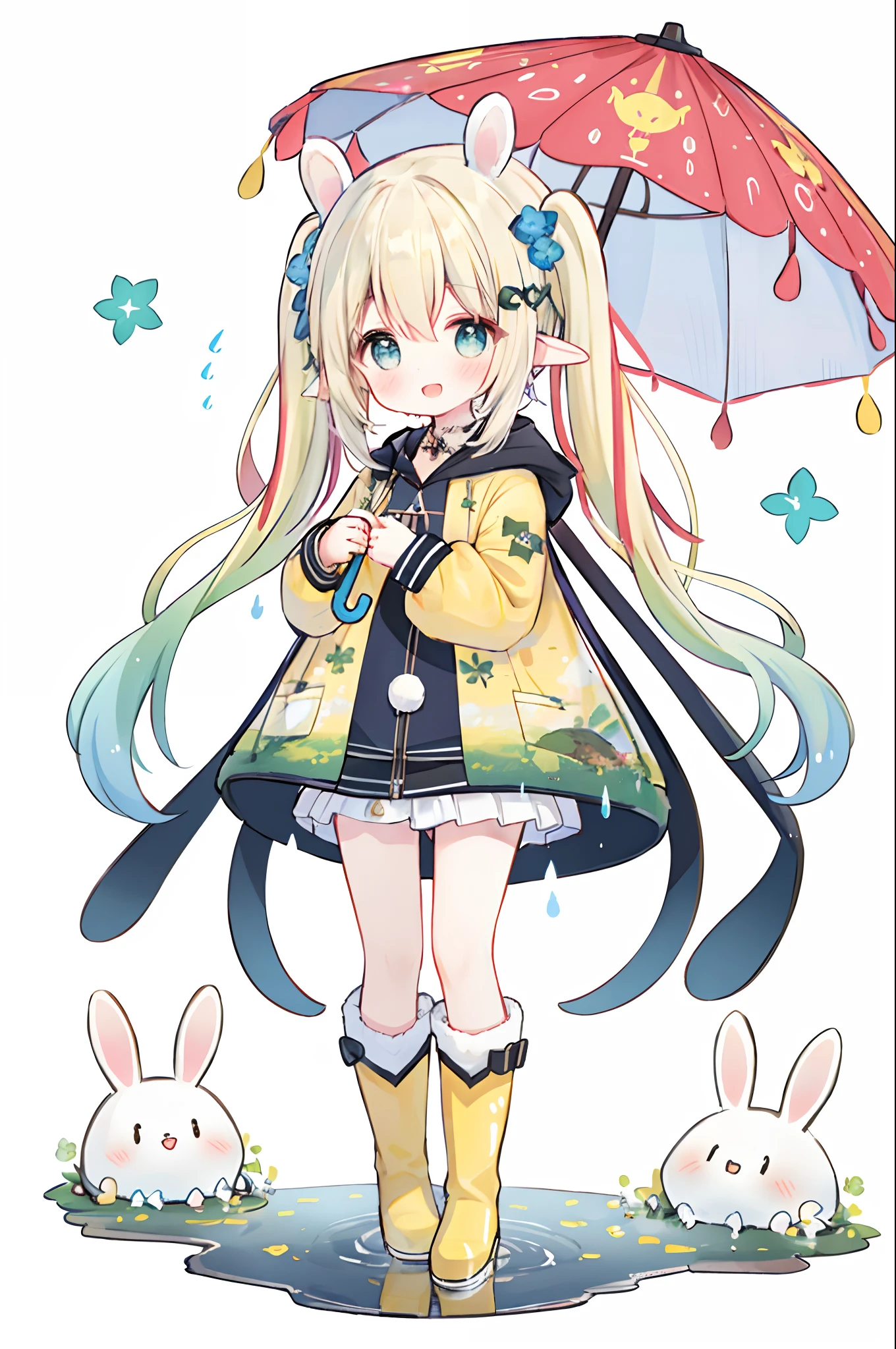 1girl,rainbow,raincoat,yellow raincoat,rubber boots,hydrangea,flower,long hair,twintails,boots,blush,umbrella,open mouth,hair ornament,white background,hood,solo,teruterubouzu,very long hair,hood up,long sleeves,low twintails,bow,bangs,smile,animal hood,blue eyes,rabbit,closed umbrella,puddle,full body,:d,snail,yellow footwear,simple background,pink flower,standing,leaf umbrella,holding umbrella,food-themed hair ornament,hair bow,animal ears,holding,blonde hair,hair flower,rain,animal,