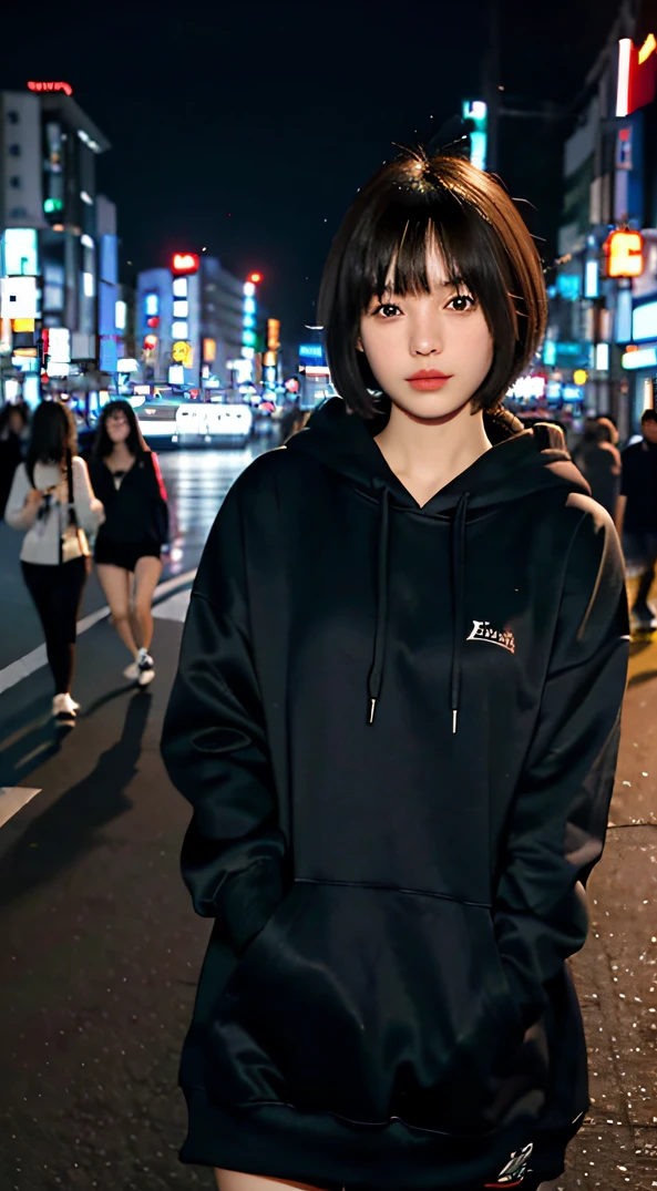 Masterpiece, (best quality:1.4), ultra high res, master photography, professional color grading, depth of fields, rule of third, 50mm, film grain, (photorealistic:1.4), cinematic lighting, chromatic abberation, 1girl, short hair, wearing grey hoodie, streetwear, hypebeast, detailed face, detailed eyes, flat chest, looking at viewer, front view, cowboy shot, Hong Kong street background, night, city light, blurry background, sfw