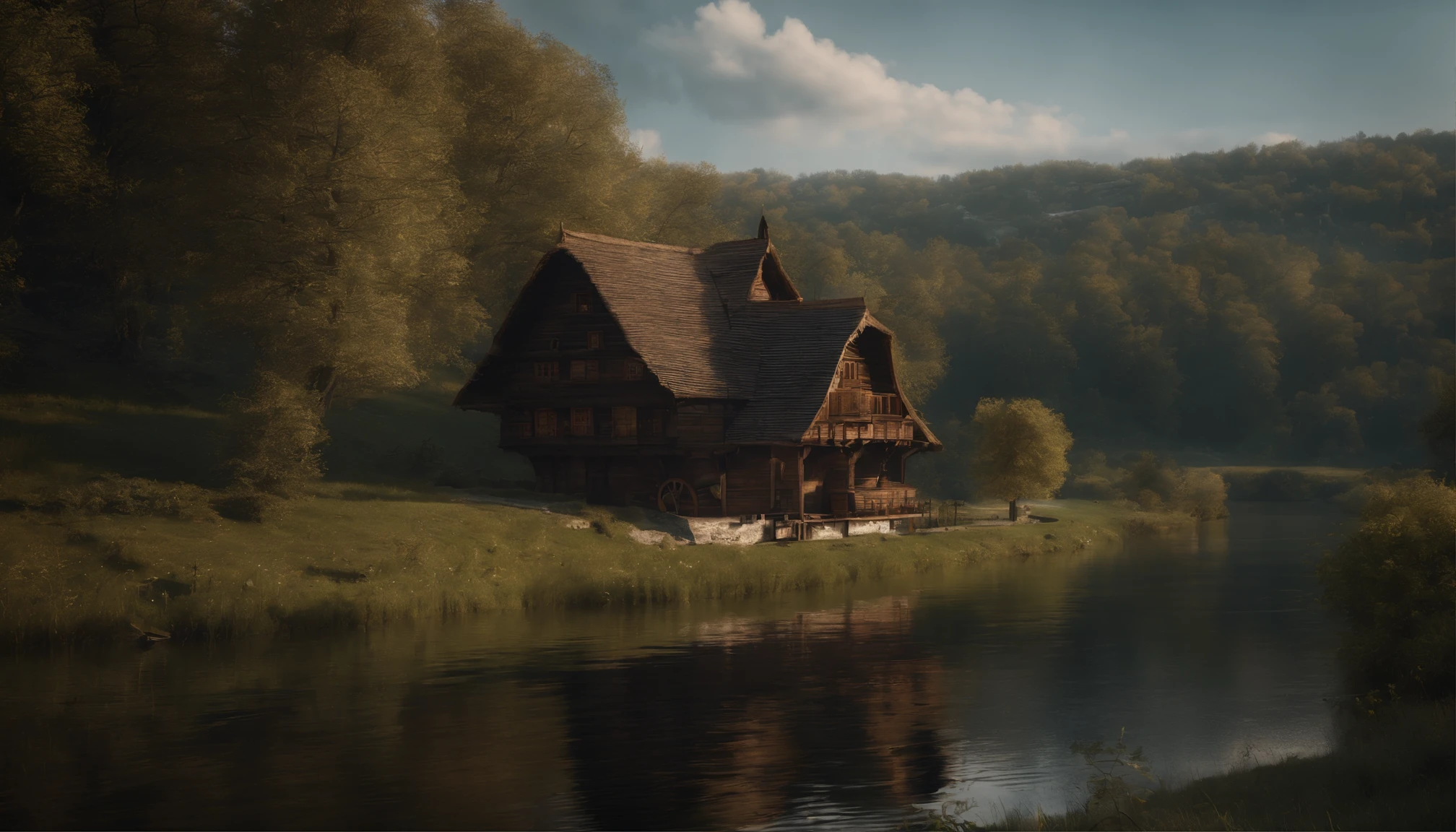 Wooden house next to the watermill,With large rollers,A river,uni, detailed scenic view, , medieval village, ,Power Hero & Magic 3,Fantastical,4K,best qualtiy,primitive,Intense light and shadow,((Ultra-detailed and high-precision details)),(The picture is clear and sharp),Tree texture in detail,Overlooking