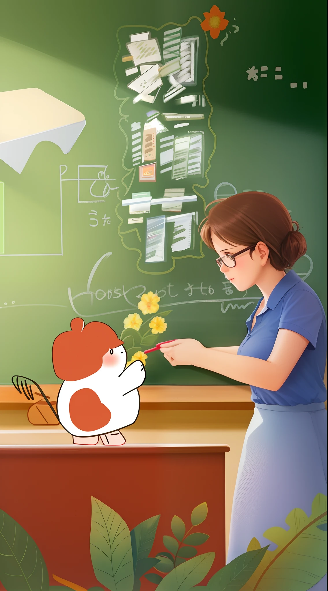 comic strip,Teacher's Day,A cartoon of a teacher in a classroom, blackboards,florals,