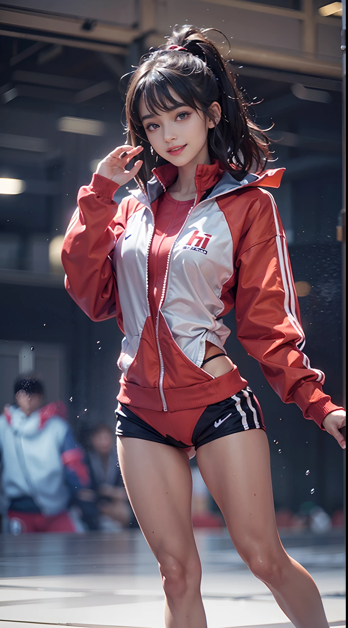 (NSFW), 1womanl, 24 year old, (Well-formed face), (Ideal ratio body proportions), Gymnasium, ((track suit)), panties focus, (The upper body is tightly dressed), long , Wet, Smiling smile, de pele branca, A slender, Dark hair, short-hair, Skinny Legs, beauty legs, Small buttocks, Skinny Legs, surrealism, Cinematic lighting, depth of fields, One-person viewpoint, F/1.8, 135 mm, canon, nffsw, masutepiece, ccurate, Anatomically correct, Textured skin, Super Detail, high details, High quality, awardwinning, Best Quality, hight resolution, 8K