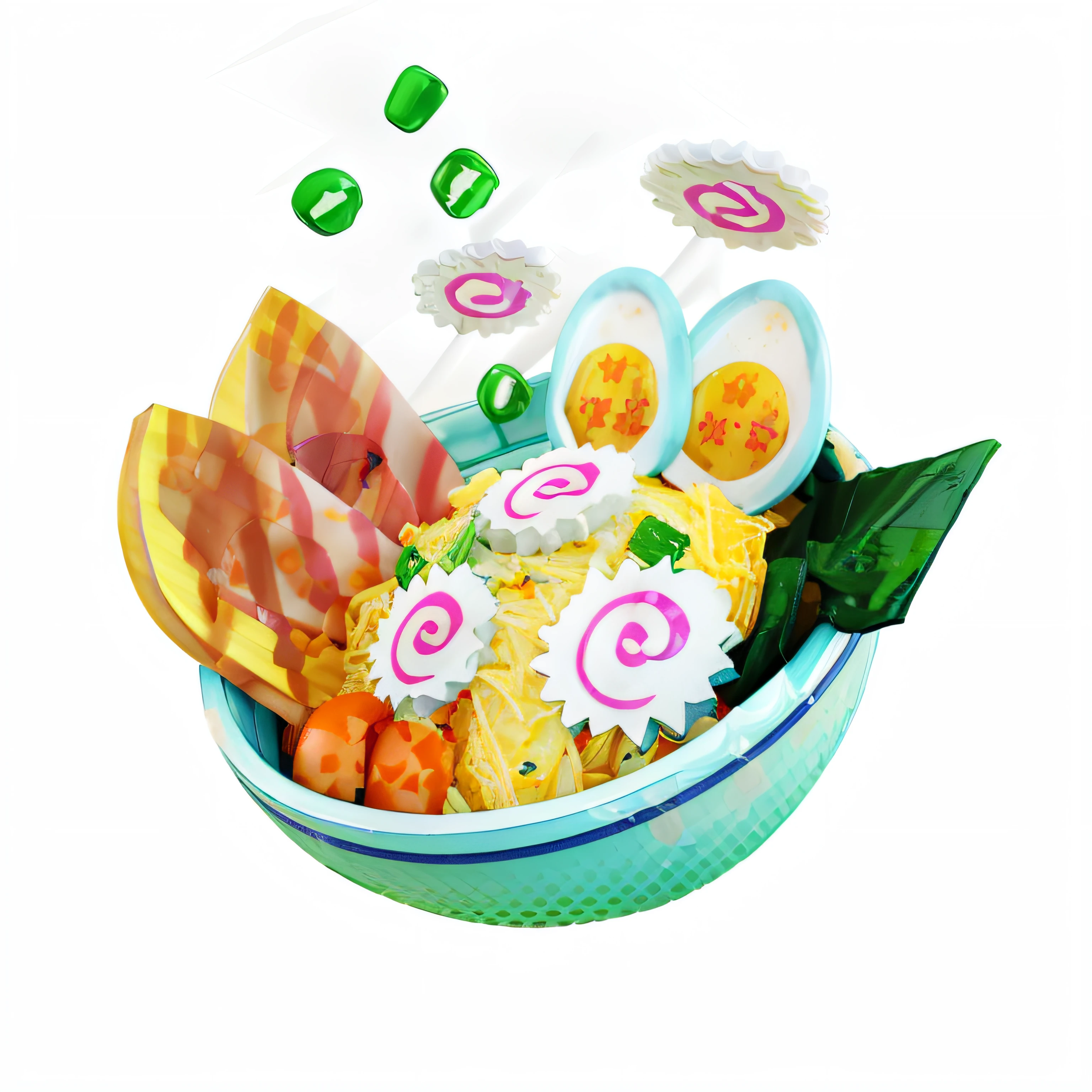 There is a food bowl with many different foods, Comida de anime, tigela cheia de comida, comida de fantasia, Described as a 3D rendering, Pop Japonisme 3 D Ultra Detalhado, imagem de comida super realista, ( ( 3D-rendering ) ), promotional render, mundo da comida da fantasia, delicioso, 3d model of a Japanese mascot, negao