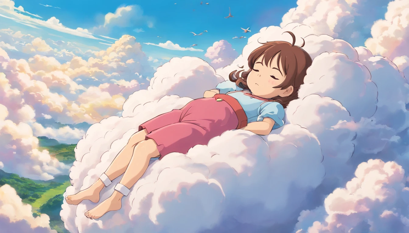 comic strip,Cute and cute 5 girl sleeping on beautiful fluffy clouds in the sky,anime big breast,On thick clouds such as marshmallows,Pink pajamas,Detail enhancement,8K,super-fine,concept-art,number art
