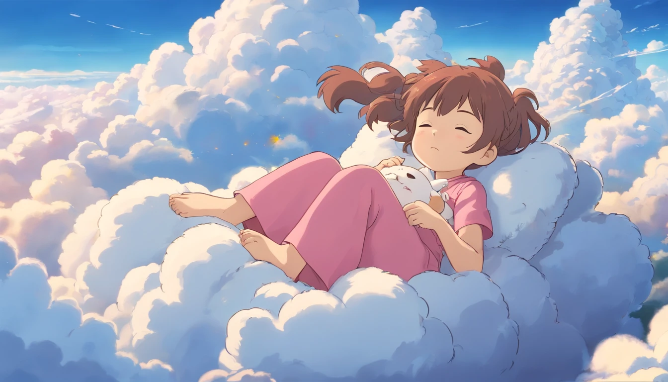 comic strip,Cute and cute 5 year old baby girl sleeping on beautiful fluffy clouds in the sky,anime big breast,On thick clouds such as marshmallows,Pink pajamas,Detail enhancement,8K,super-fine,concept-art,number art