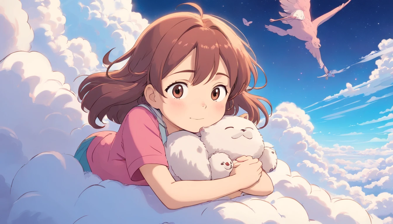 comic strip,Cute and cute 5 year old baby girl sleeping on beautiful fluffy clouds in the sky,anime big breast,On thick clouds such as marshmallows,Pink pajamas,Detail enhancement,8K,super-fine,concept-art,number art