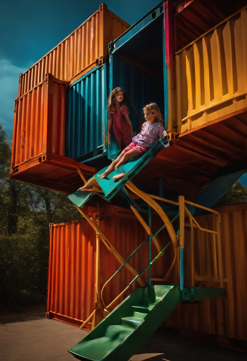 Girl in pajamas descending down a slide to a three-story container box