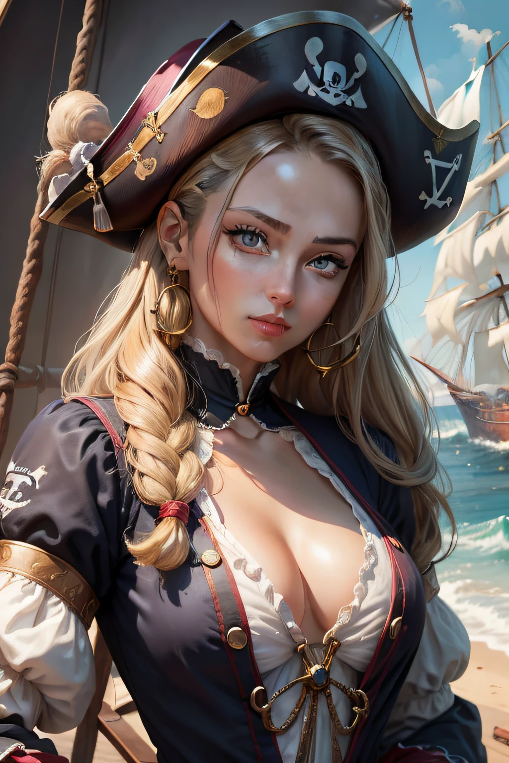 Portrait of a sailor woman in the pirate era、​masterpiece, top-quality, hightquality, hight resolution、beautiful expression、(Lifelike face)、realisticeyes、beatiful detailed eyes、real looking skin、Beautiful skins、A hyper-realistic、ighly detailed、Body Portrait、