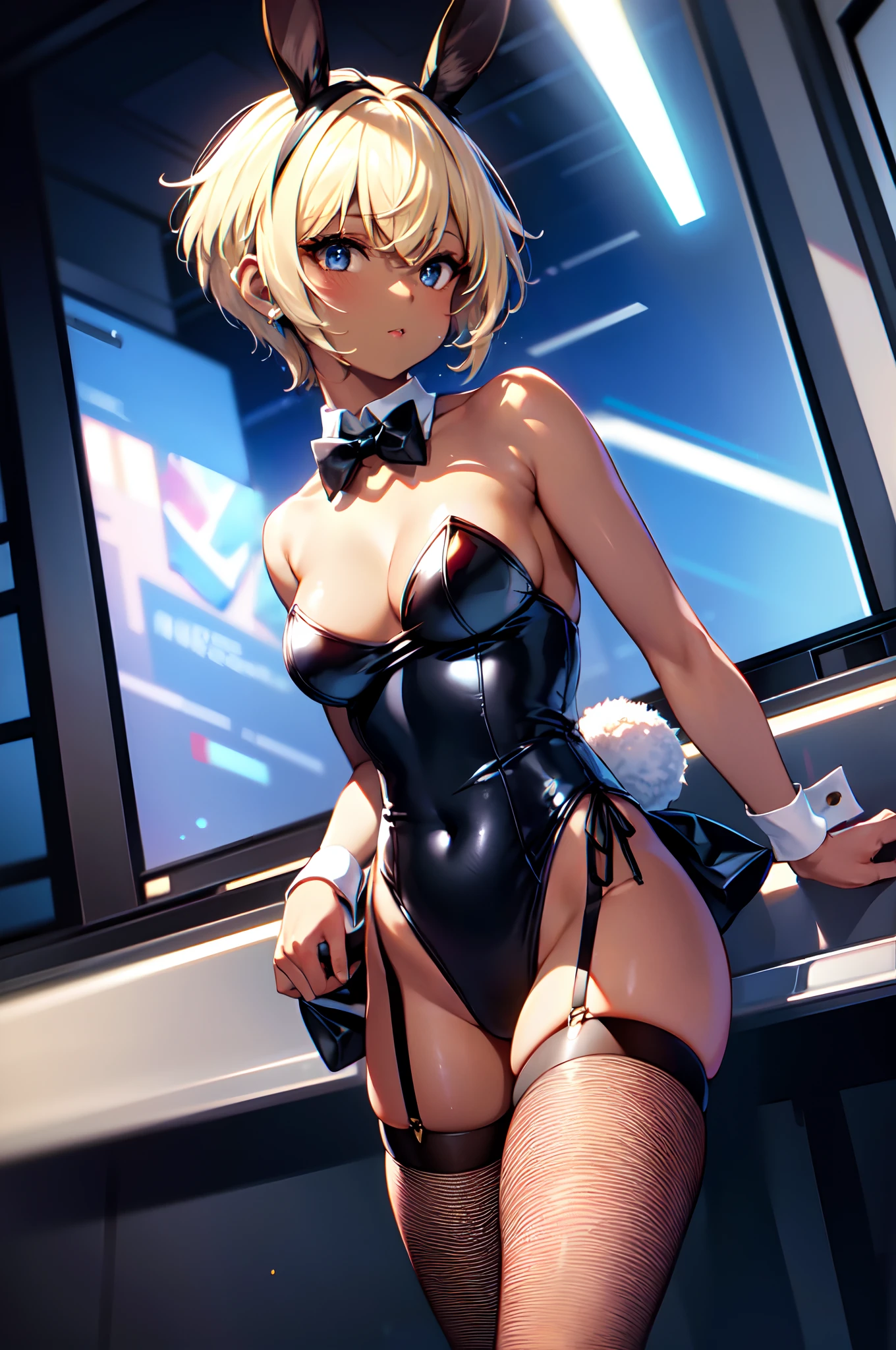 Transcendently Beautiful Girl, (masterpiece face, masterpiece eyes:1.1), BREAK, (black gal), (Dark skin:1.5), (pixie cut hair:1.3), (blonde hair, short shaved sides, very short back, very short side, under cut, side cut:1.3), BREAK, Flat_Chest, Huge_breasts, wide_lower back, Open your mouth and laugh smile, (long eyelashes, makeup), BREAK, Bunny Girl, Rabbit ear, Rabbit tail, (leotard with ruffles: 1.3), wrist_Cuffs, bowtie, Fishnet tights, high_heels, BREAK, (Five Fingers, 4fingers and 1thumb), (Bare arms, Bare shoulders), professional lighting, best quality, masterpiece, ultra detailed, captures a super cute moment, depth of field, ultra high resolution, fine details, 16k wallpaper,