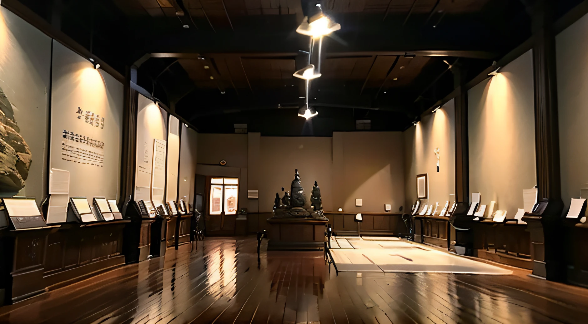 Exhibition hall of the Museum of Cultural Relics,The exhibition hall is equipped with various cultural relics,On the wall are the introduction materials for the artifacts,The environment is dim,There is yellow,White spotlight,Beveled side shooting,45 degree angle,high qulity,high detal,High precision,8K