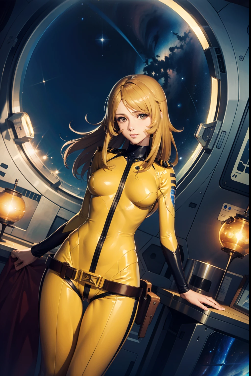 (masterpiece, best quality:1.2), (cowboy shot:1.1), solo, 1girl, mori yuki, slight smile, closed mouth, perfect face, looking at viewer, blonde hair, thigh gap, yellow bodysuit, skin tight, belt, large window, (starship porthole:1.3), from front, (spread legs:1.3), (standing:1.1), starship interior, (outer space view:1.1), (orbital view:1.3), (night, stary sky:1.5), milky way, long legs, action pose, dynamic camera angle, all yellow bodysuit, sexy pose,