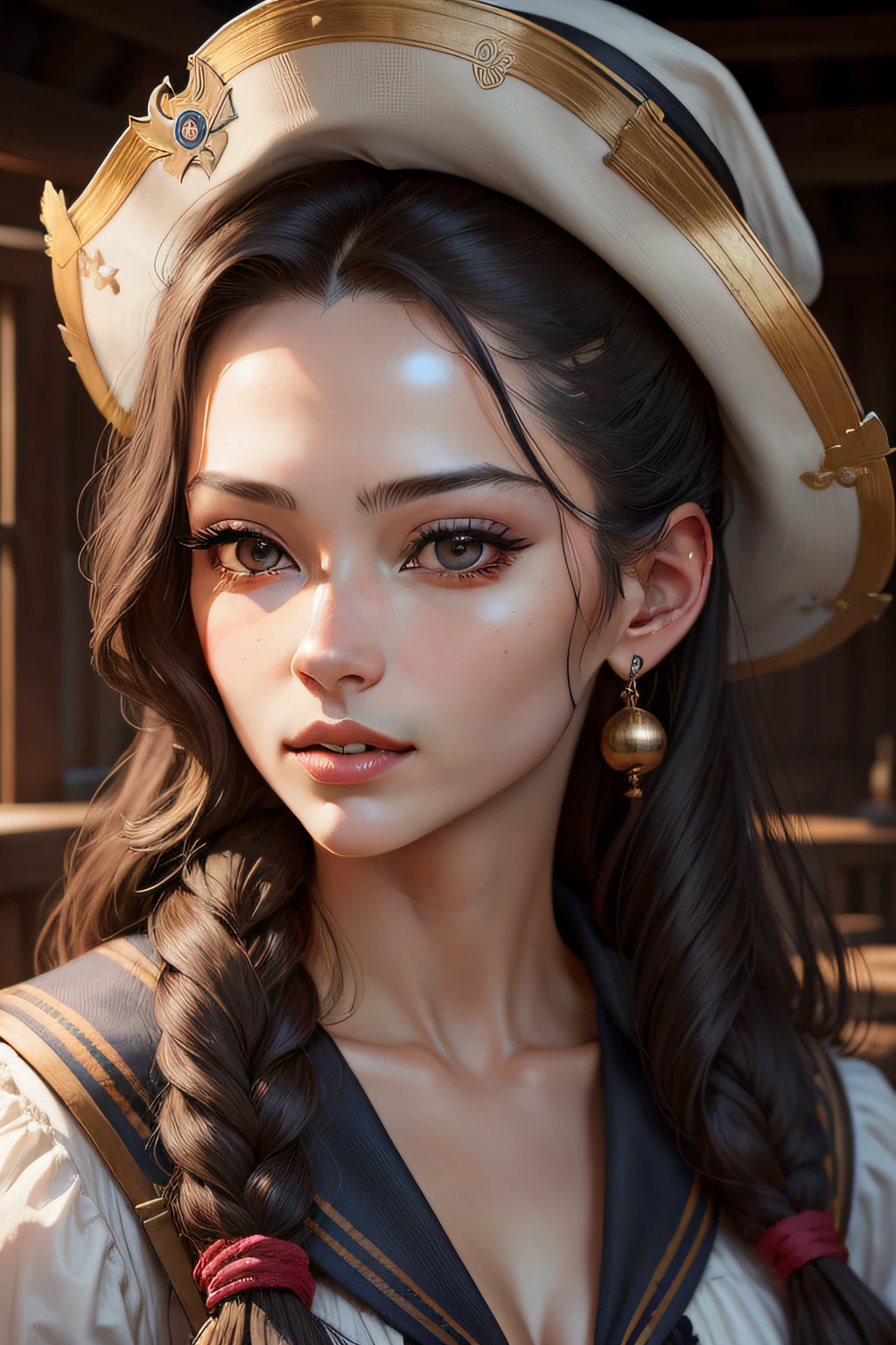 Portrait of a sailor woman in the pirate era、​masterpiece, top-quality, hightquality, hight resolution、beautiful countenance、(Lifelike face)、realisticeyes、beatiful detailed eyes、real looking skin、Beautiful skins、A hyper-realistic、ighly detailed、Body Portrait、
