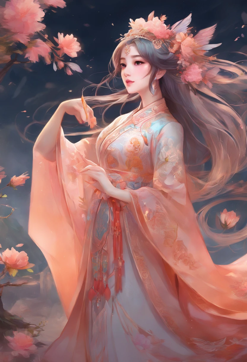 (Absurd, highres, ultra-detail), 1girls, bara, thin-waist, Slender Legs, (very long hair, multicolored hair, Wearing antique Chinese headpieces), Fluttering dress, Thin fabric, Traditional Chinese Costume, Chinese Xian., Chest Hill, Sweat, Long dresses, long sleeve, Elegant, colorfully, maximum detail, Upper body, outdoor, Peach Flower Garden, Scattered snow showers,