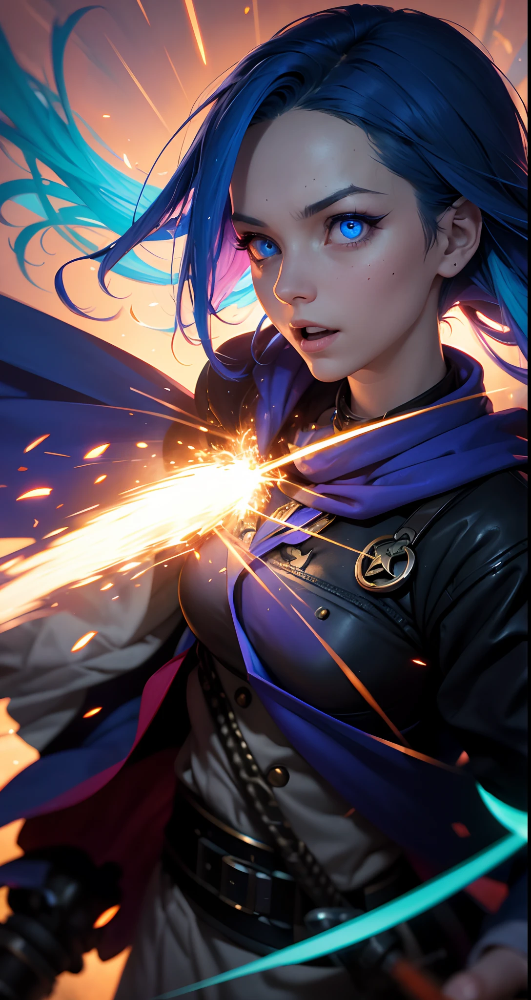 Jinx stole, super background, tmasterpiece, higly detailed, Glow Blue Eyes, Epicness, grenade, Epic backstory, A masterpiece of explosions, Персонаж игры Джинкс League of Legends,higly detailed, Scene in motion, madness, the wind, Explosions of the best quality, filmstill, 1 Jinx, Jinx from the clouds, soaring in the sky, a closeup of a, The vibrant, a happy, warm soft lighting, Sundown, (sparks: 0,7)