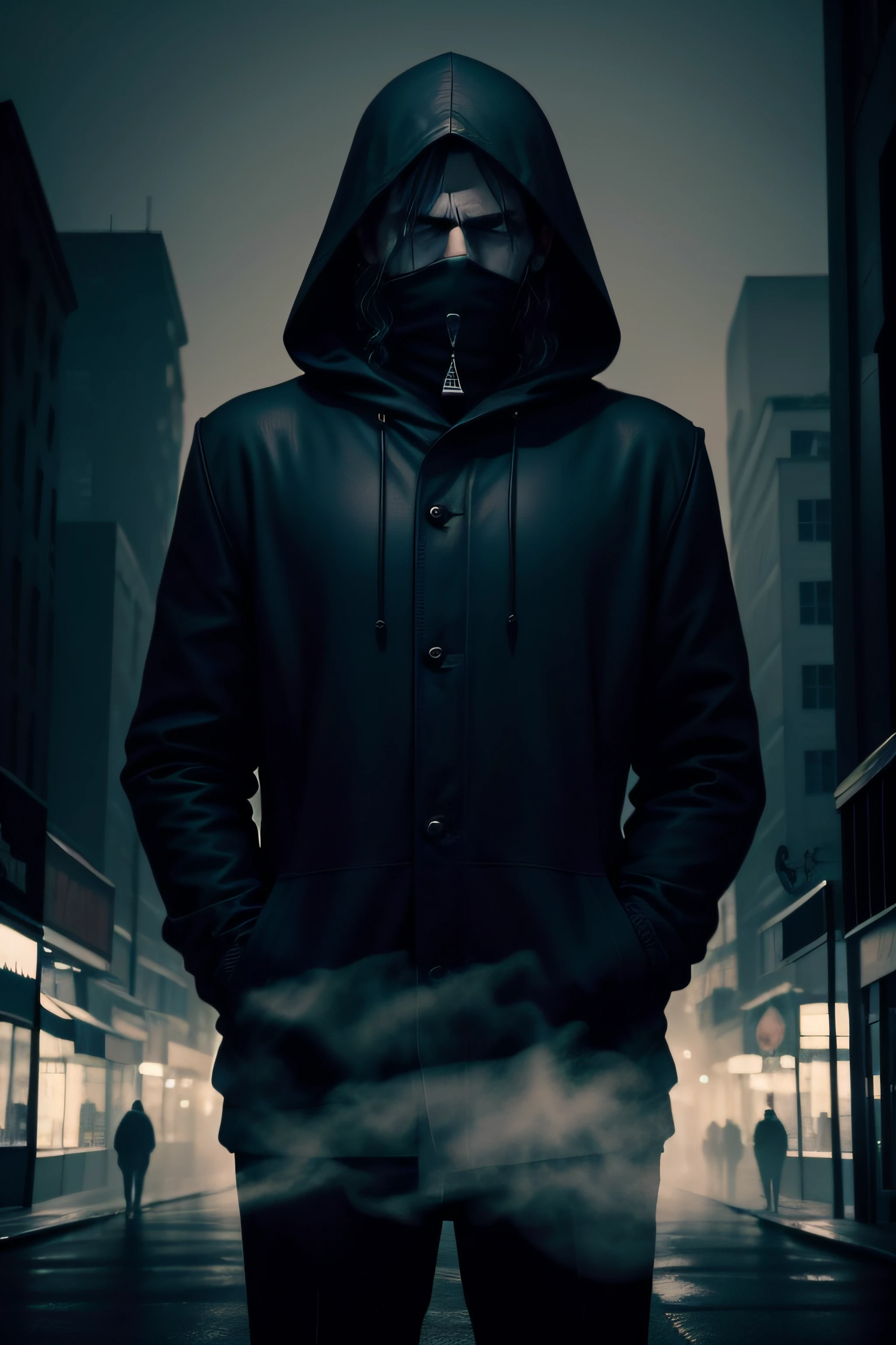 horror film, 8k picture quality, masterpiece, ultra-cllean image quality, super rich detalil, silhouette of a cold face man in dark, with a hood and hands in his pockets, no one else, medium shot, with a cigarette in his mouth, city at night background,