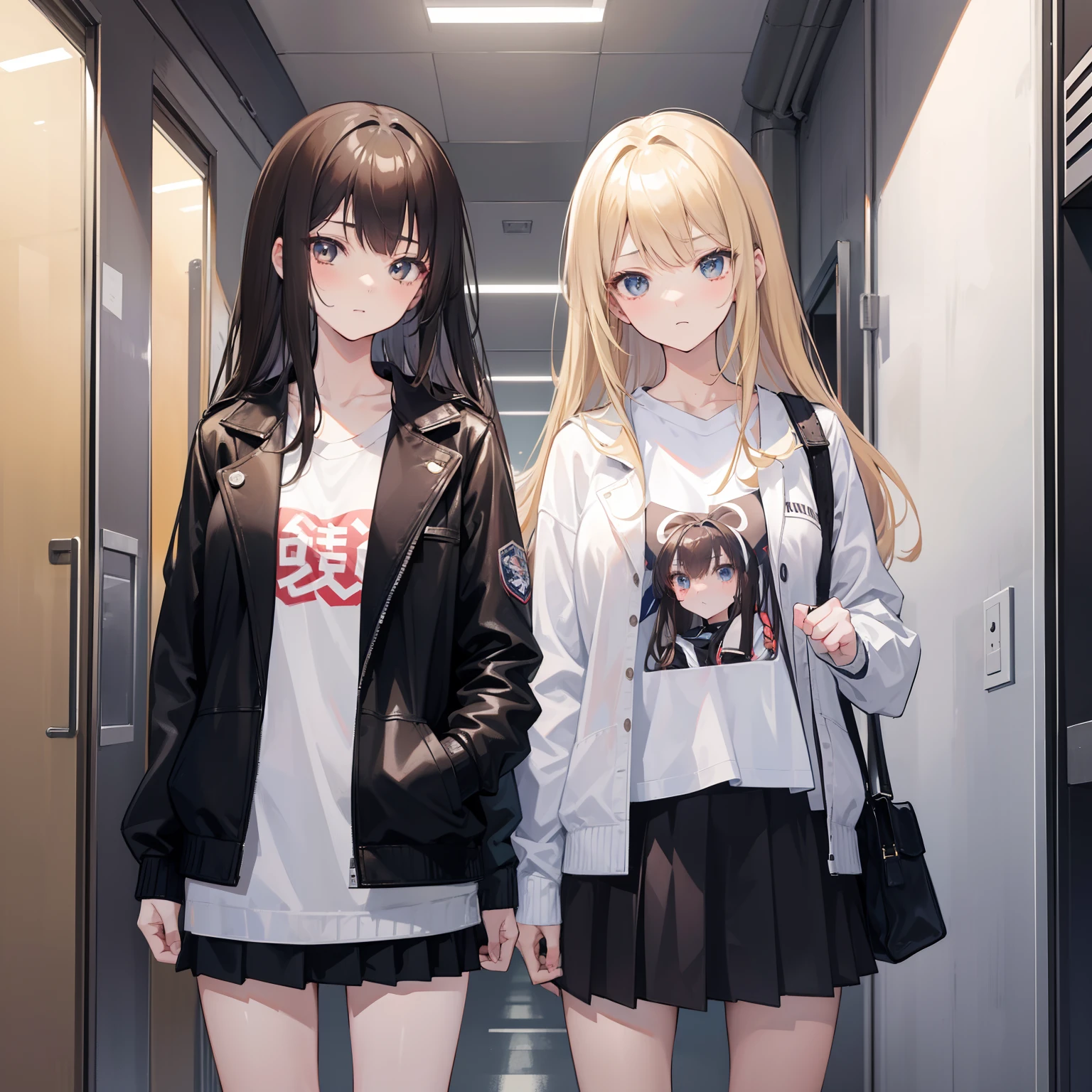 Create an image of two cute anime characters, Yori and Aina, standing in a college hallway. Yori is a beautiful black-haired girl with a lot of attitude. She is stylish and extroverted, and she is wearing a leather jacket, a white college shirt, a dark brown tie, and sneakers. She has a comfortable expression on her face. Aina is a beautiful blonde-haired girl who is shy and introverted. She is wearing a white college shirt, a dark brown college coat, a dark brown tie, and sneakers. She has an uncomfortable expression on her face. The two girls are standing with their faces in opposite directions.