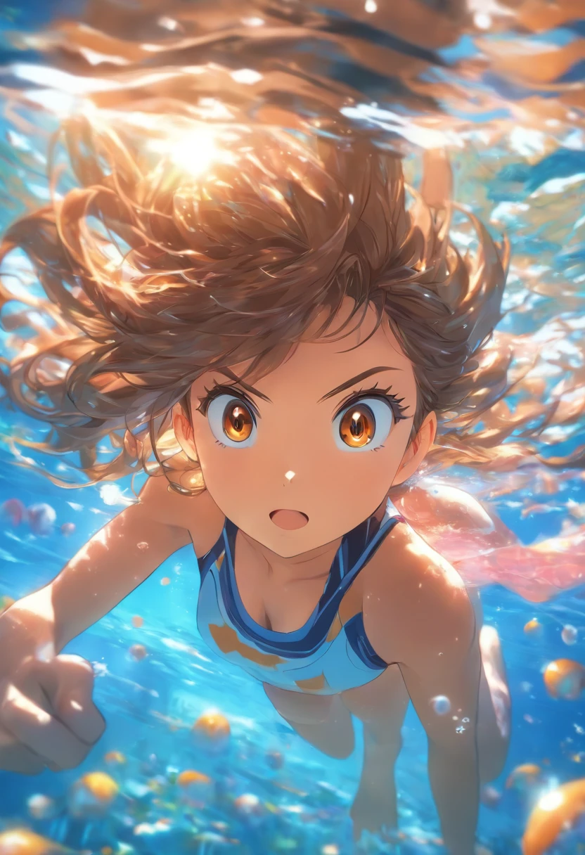 foreshortening,  Depth of field, Masterpiece, Best quality, 1girll, Brown hair, Brown eyes,  Long hair, Underwater, airbubble, Solo, view the viewer, School swim wear, Swimming,  Dappled sunlight,