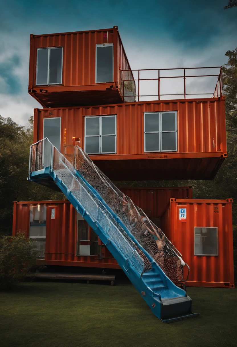An ordinary office worker in pajamas is going down a slide to a three-story container box