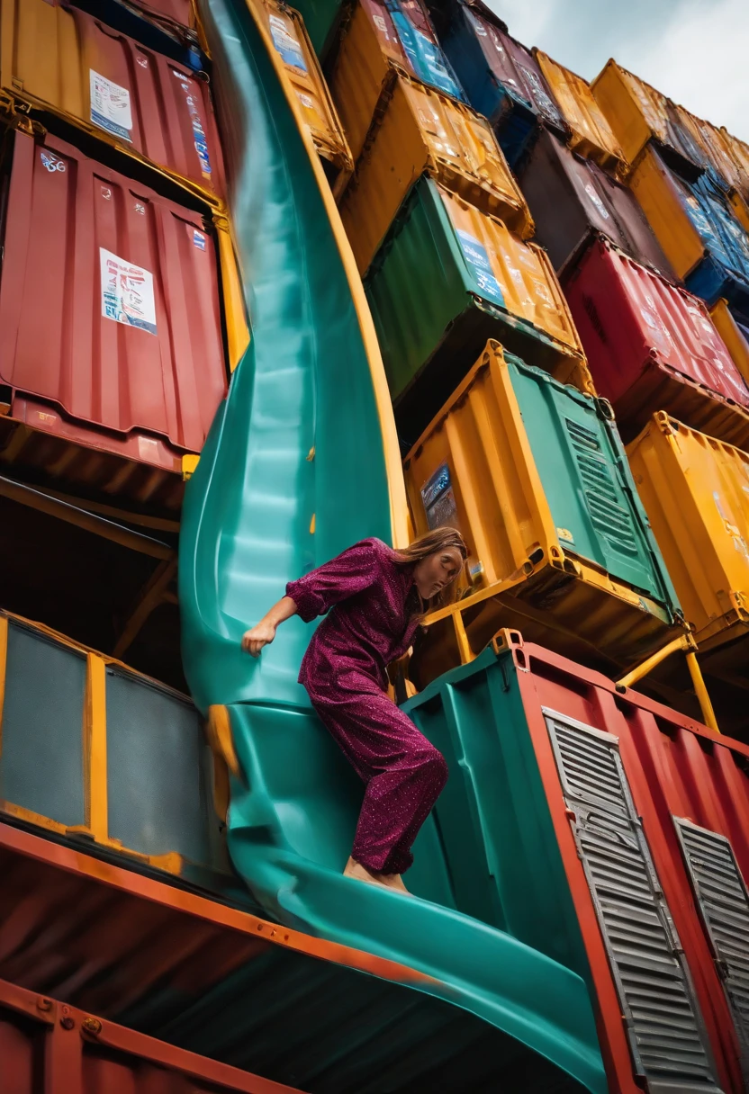 An ordinary office worker in pajamas is going down a slide to a three-story container box