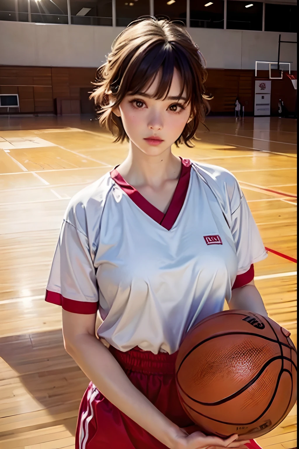 (Details of a very beautiful face), (Best Quality:1.4), 8K resolution, High resolution, (Photorealistic, High resolution:1.4), Raw photo, (Realistic, Photorealsitic:1.37), 1girls, Japanese, Beautiful girl of the highest grade, Super beautiful detailed face, Gloss on lips, Parted lips, short hair, white gym uniform, brm, adjusting clothes, blush, basketball court
