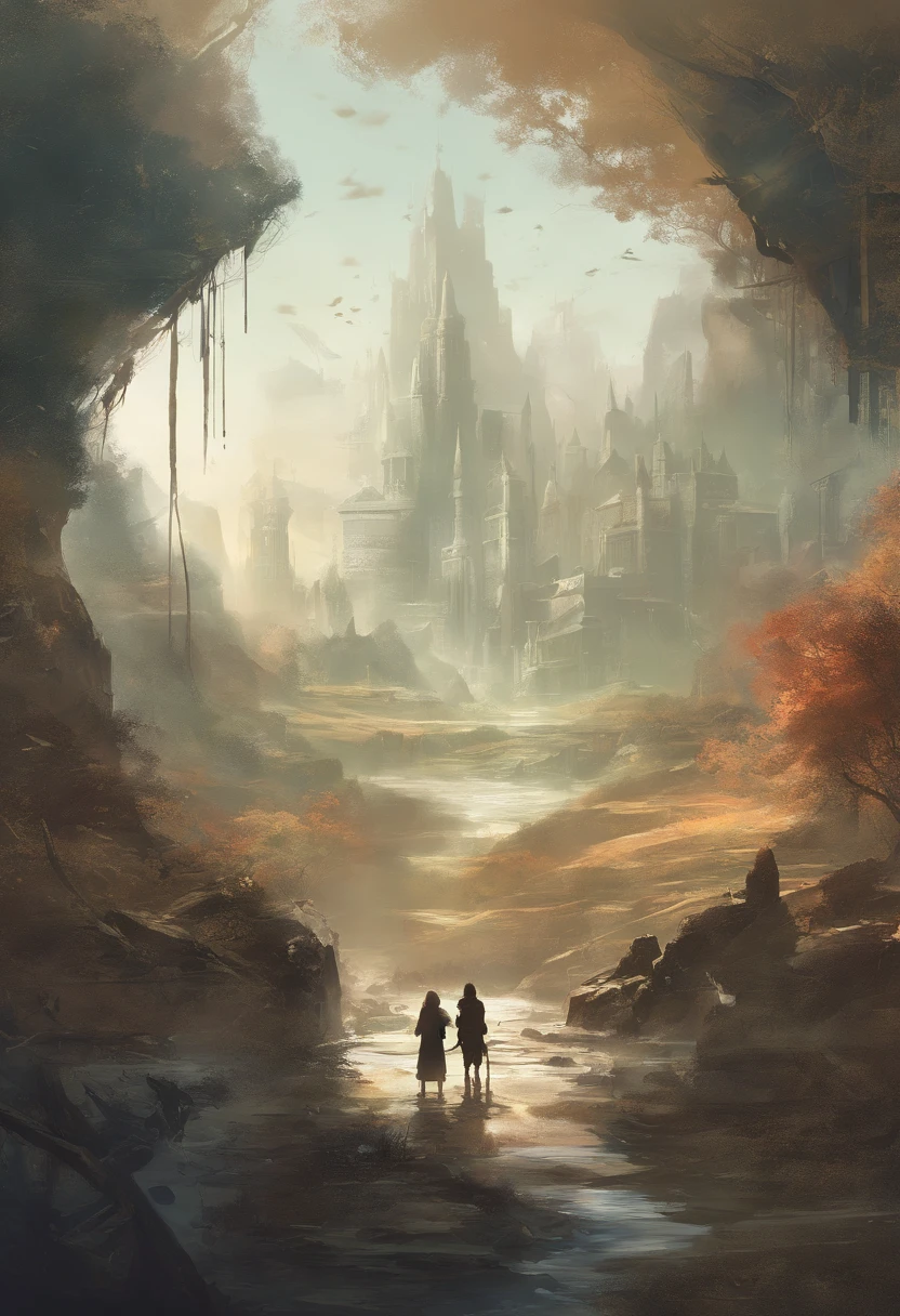 Imagine a scene where one human figure gradually ages over the years while another figure remains young and immortal. The scene should convey a sense of nostalgia and curiosity about the passage of time. Use soft watercolor tones to create an ethereal and mysterious atmosphere. Make sure the figures express deep emotions as they face the challenges and joys of living an infinite life