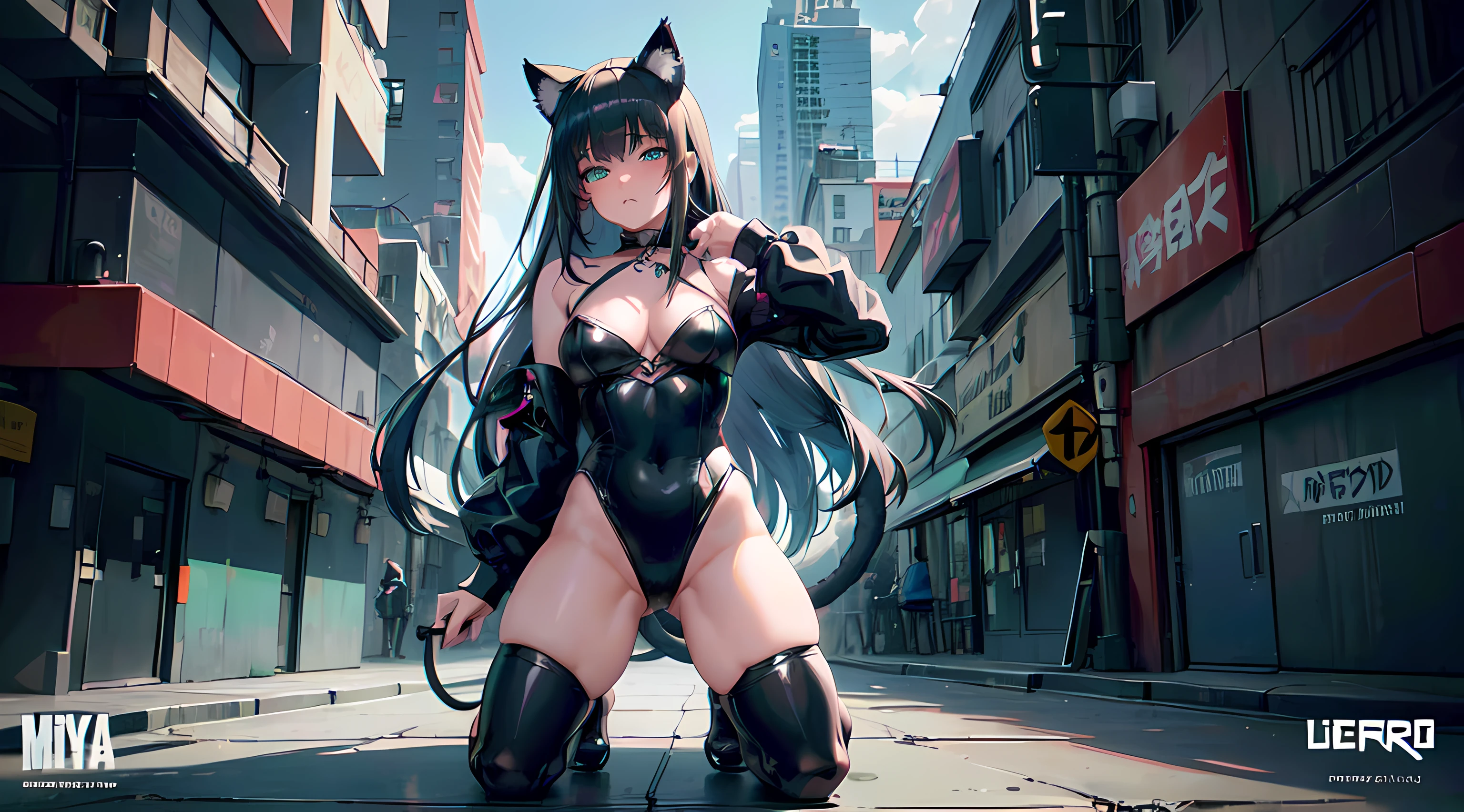 2 sexy cat girls, first girl long silver hair with cat ears and tail, blue eyes, wearing sexy assassin outfit, second girl short black hair with cat ears, green eyes, wearing sexy hitman outfit, on the battlefield, high res, 8k, ultrasharp, masterpiece, landscape, looking at the viewer, character fitting in the image, full body, dark color scheme