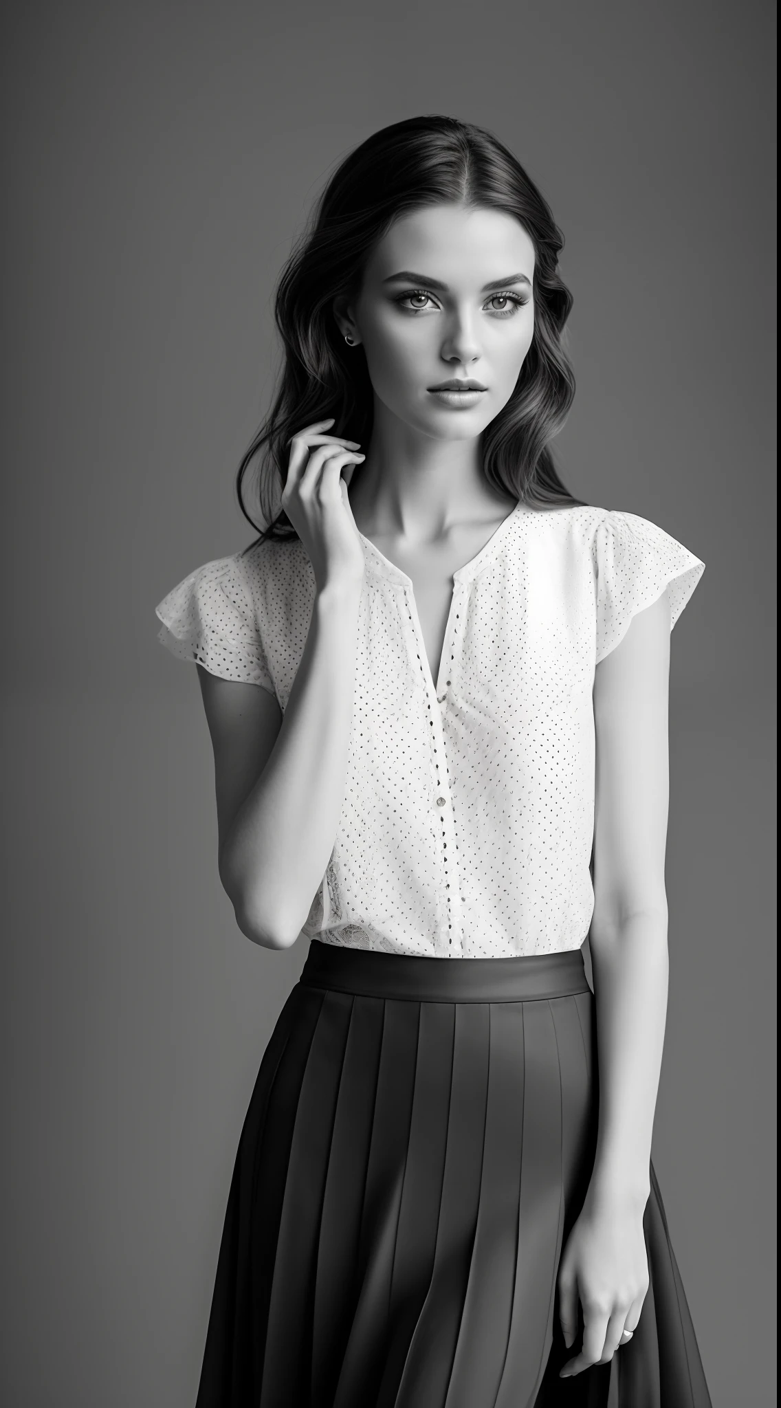 (Capture) timeless (elegance:1.2) and (sophistication:1.3) in (dramatic:1.1) (monochrome:1.2). Fuse retro and (modern:1.1) (styles:1.2). Spacious studio with plain black backdrop. Team: skilled photographer, (pro models:1.1), experienced makeup artist, stylist. Model in charming white blouse with black polka dots, gray pleated skirt, classic black flats, and pearl accessories. Emphasize (grace:1.2) and (confidence:1.2) in poses, using Rembrandt lighting for (dramatic:1.2) effect. Minimal retouching for (authentic:1.1) black and white photos. (Inspire) blending retro and (modern:1.1) elements in (personal) (style) with (elegance:1.2) and (sophistication:1.3). (Equipment: DSLR, portrait lenses, studio lights, reflectors, computers). A timeless fusion of fashion and (artistry).