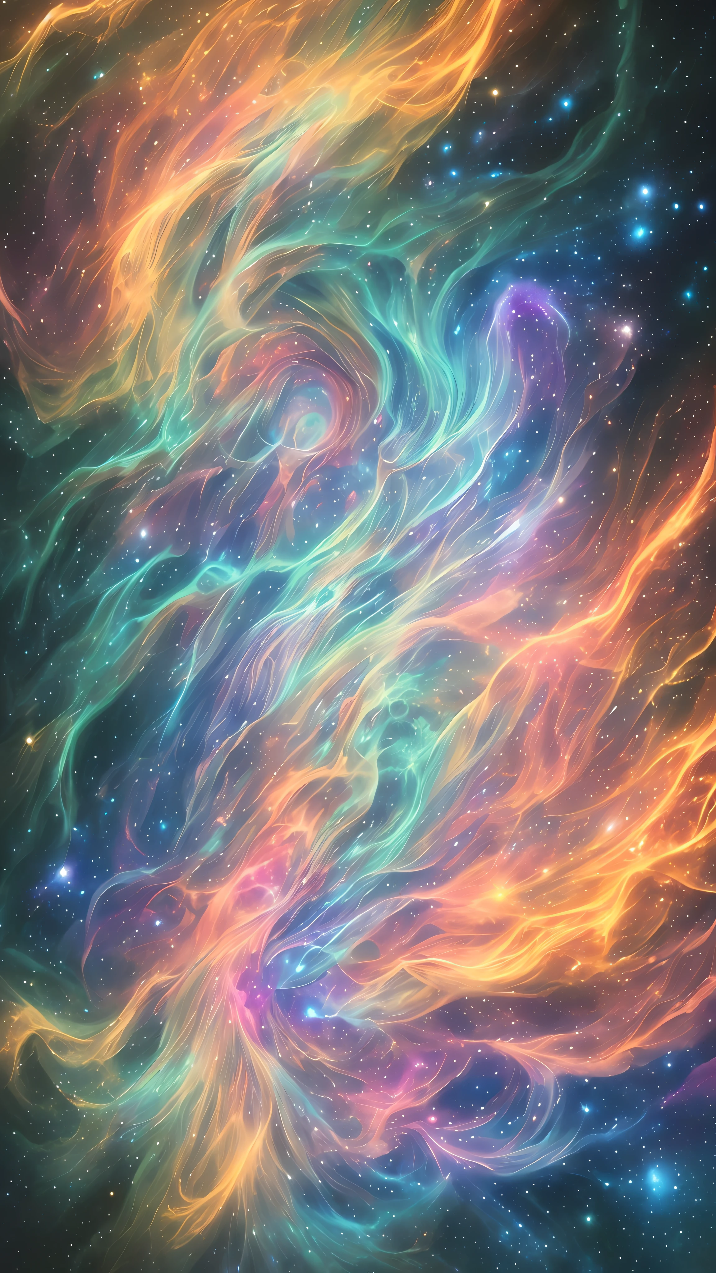 An incomprehensible and spectacular scene of the appearance of a male figure from a luminous cloud, filaments of fractal nebula, Cosmic entities, Celestial, Space, Bright and bright, Twists, whirling, Unrealistic, High-contrast, Symbolic, Magic, mysticistic, hoaxing, Hyper-realistic, Oversaturated, Colorful