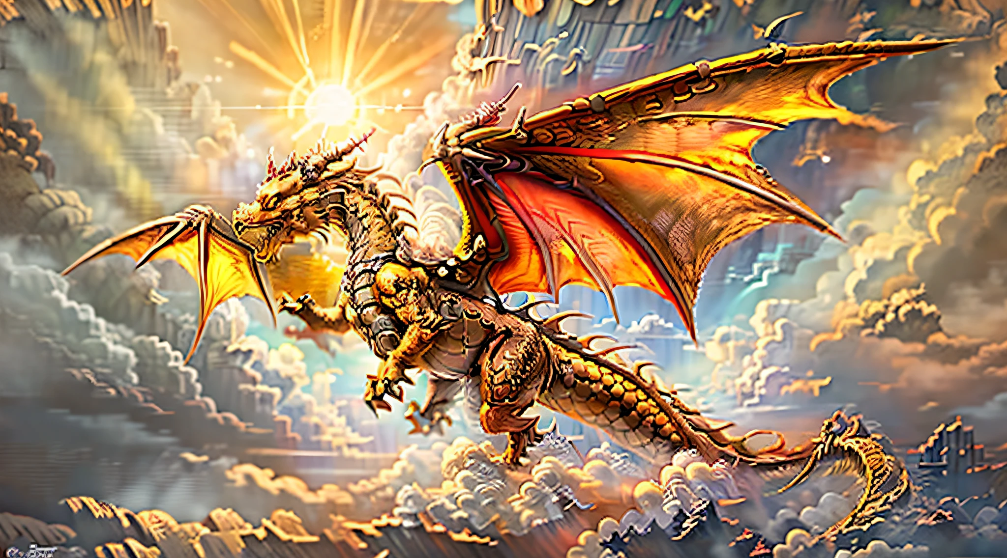 a picture of an golden dragon flying in the sky (best details, Masterpiece, best quality :1.5), dragon_real cloudy skies background, an epic gold dragon (best details, Masterpiece, best quality :1.5) extremely detailed dragon,  horns, breathing flame, dragon_wings, dragon wings wide spread, ultra detailed face,  birds view, sun rays, divine rays, sun rays reflected in clouds (best details, Masterpiece, best quality :1.5), sense of divinity, sense of awe majestic atmosphere, ultra best realistic, best details, best quality, 16k, [ultra detailed], masterpiece, best quality, (extremely detailed), ultra wide shot, photorealism, depth of field, hyper realistic painting,