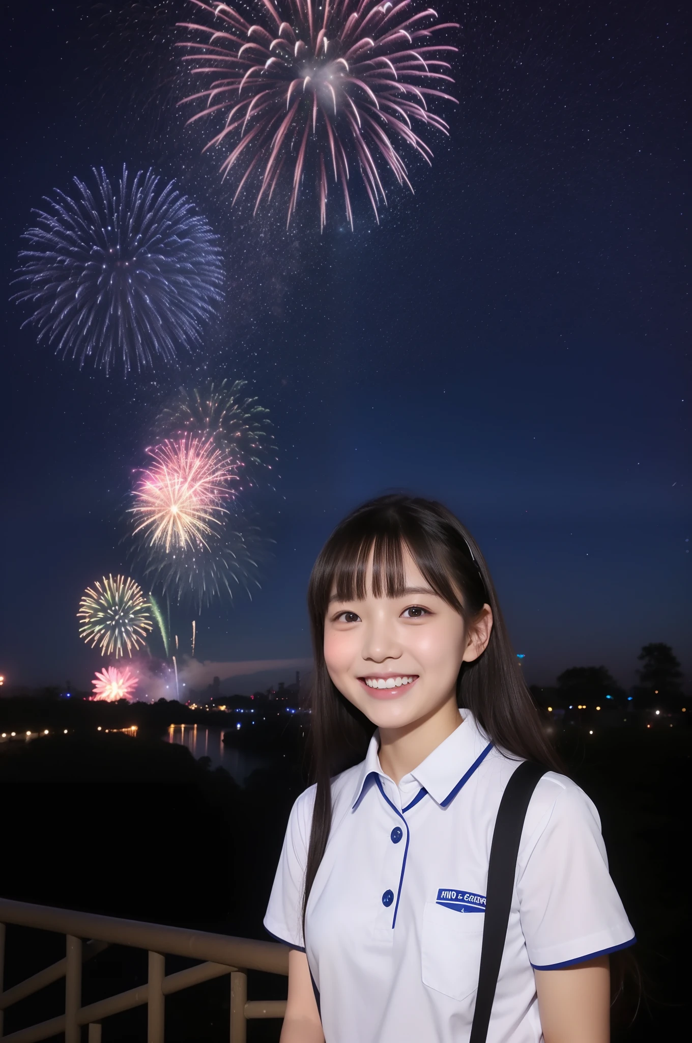 A smile、hi-school girl、校服、shortsleeves、An amusement park、While doing fireworks、starrysky、Aurora