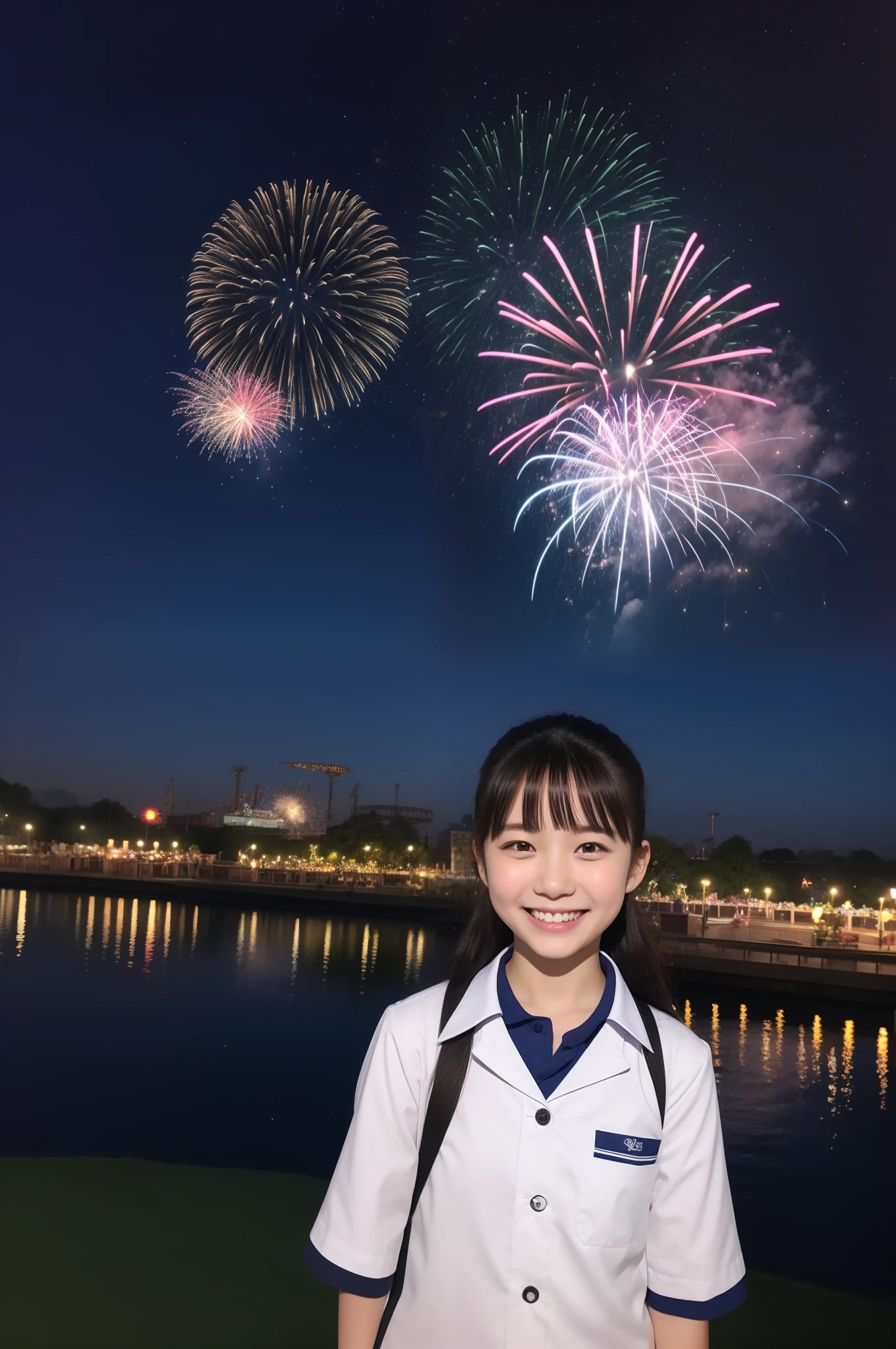 A smile、hi-school girl、校服、shortsleeves、An amusement park、While doing fireworks、starrysky、Aurora