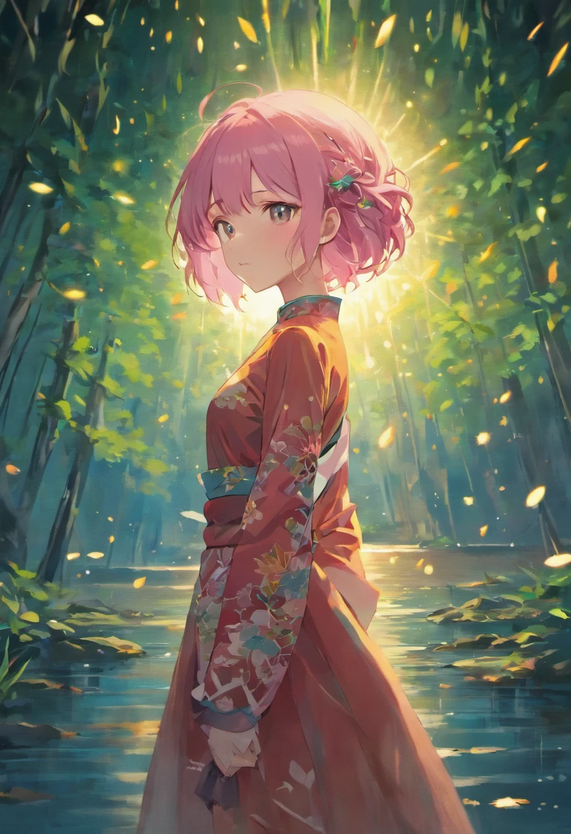 (best quality,8K resolution,masterpiece:1.2), a woman with pink hair wearing a cheongsam dress, standing by a lake with fireflies at night, sharp lines, enhanced details, detailed facial features, frontal view